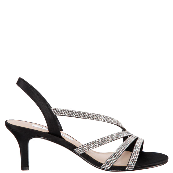 NOURA-BLACK SATIN CRYSTAL SLINGBACK MID-HEEL EVENING SANDAL