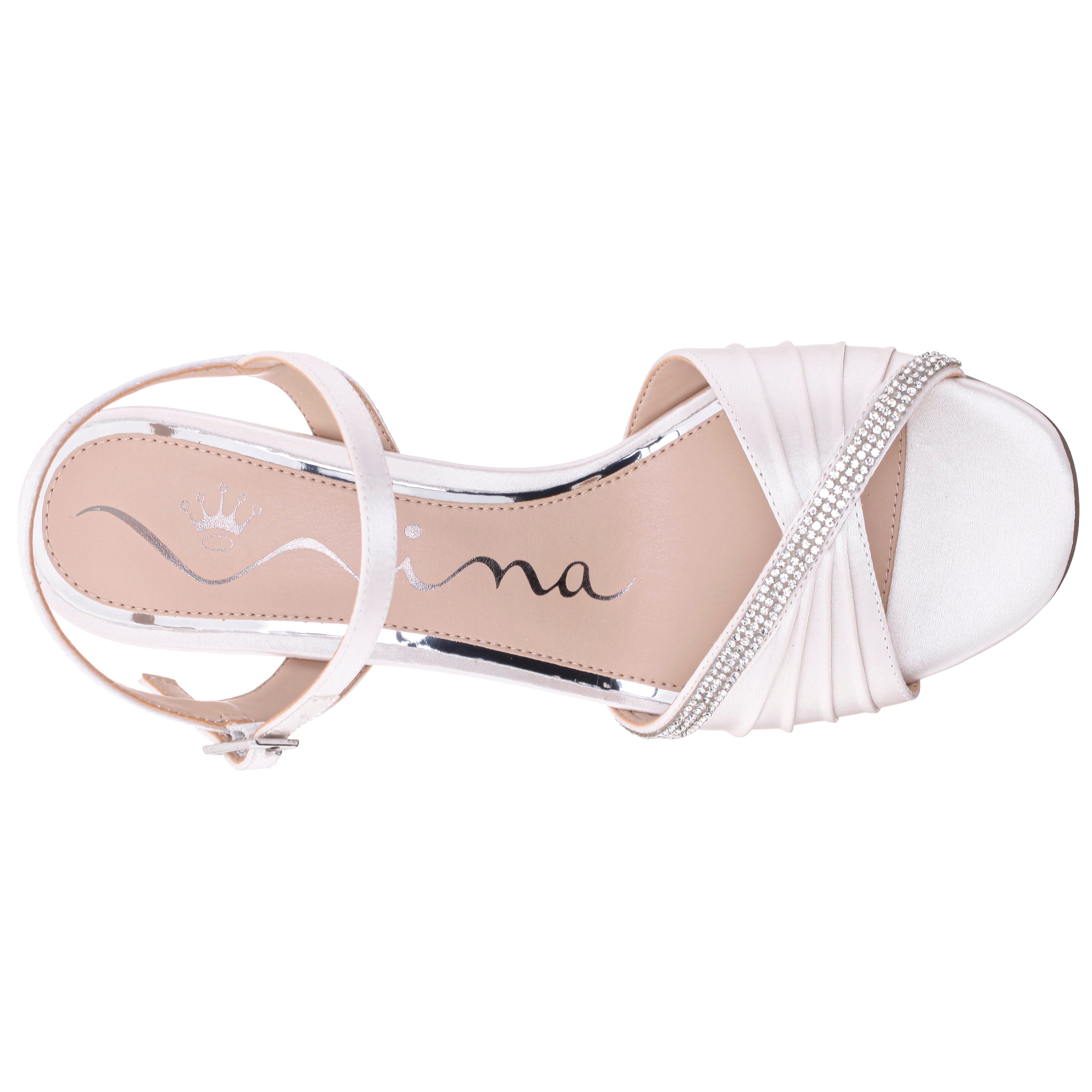 Womens Agnes White Satin Mid-Heel Sandals | Nina Shoes