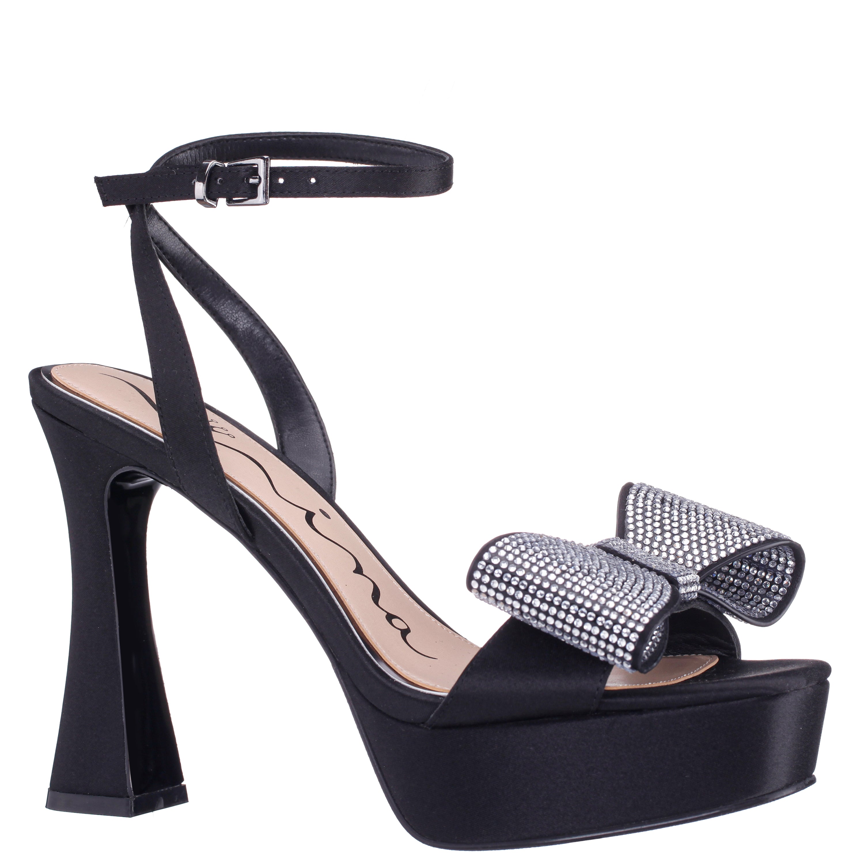 Womens Agusta Black Satin Bow Ultra High Platform Sandals | Nina Shoes