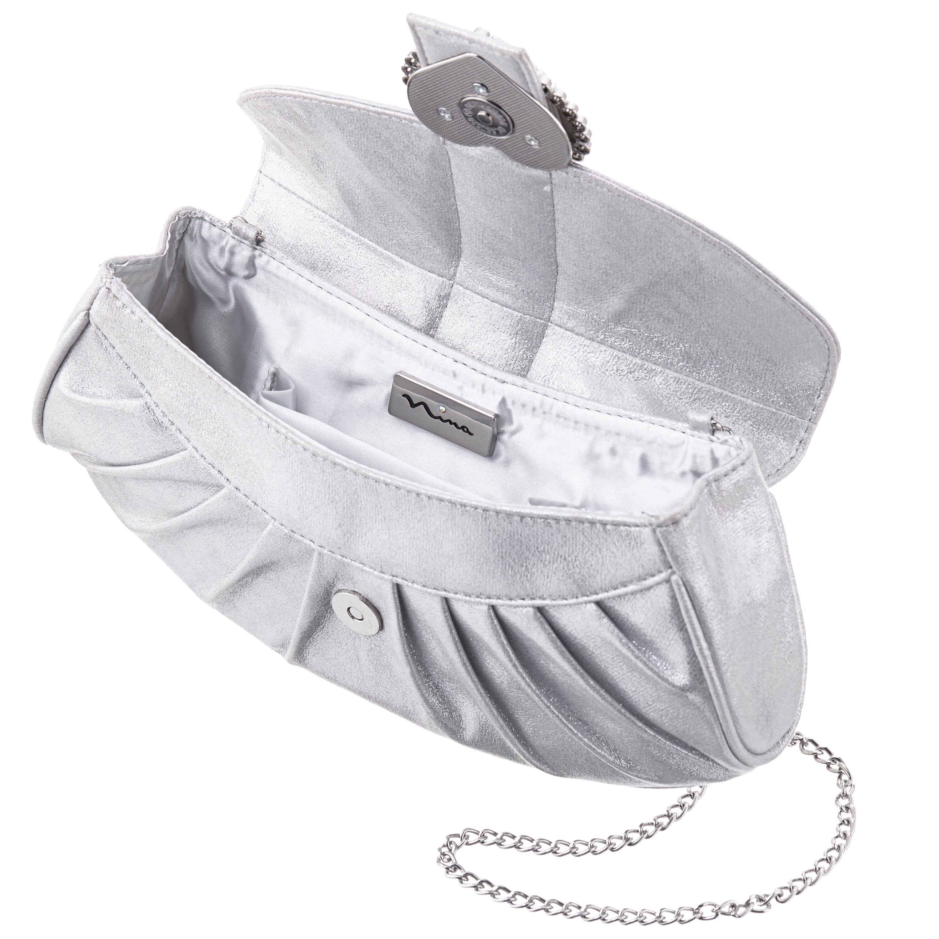 Womens Apolina True Silver Crystal Heart Adorned Clutch | Nina Shoes