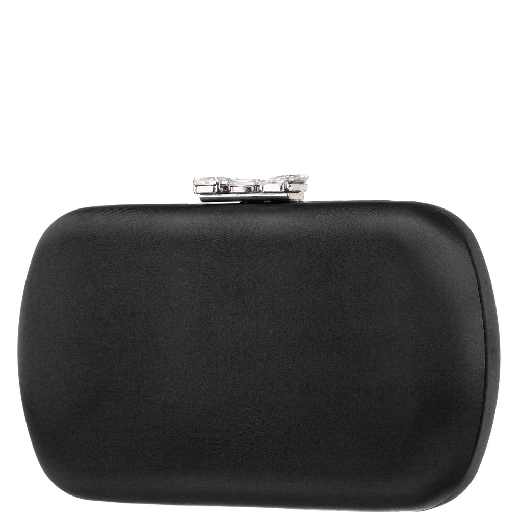 BETZY-BLACK SATIN MINAUDIERE WITH CHUNKY CRYSTAL CLASP – Nina Shoes