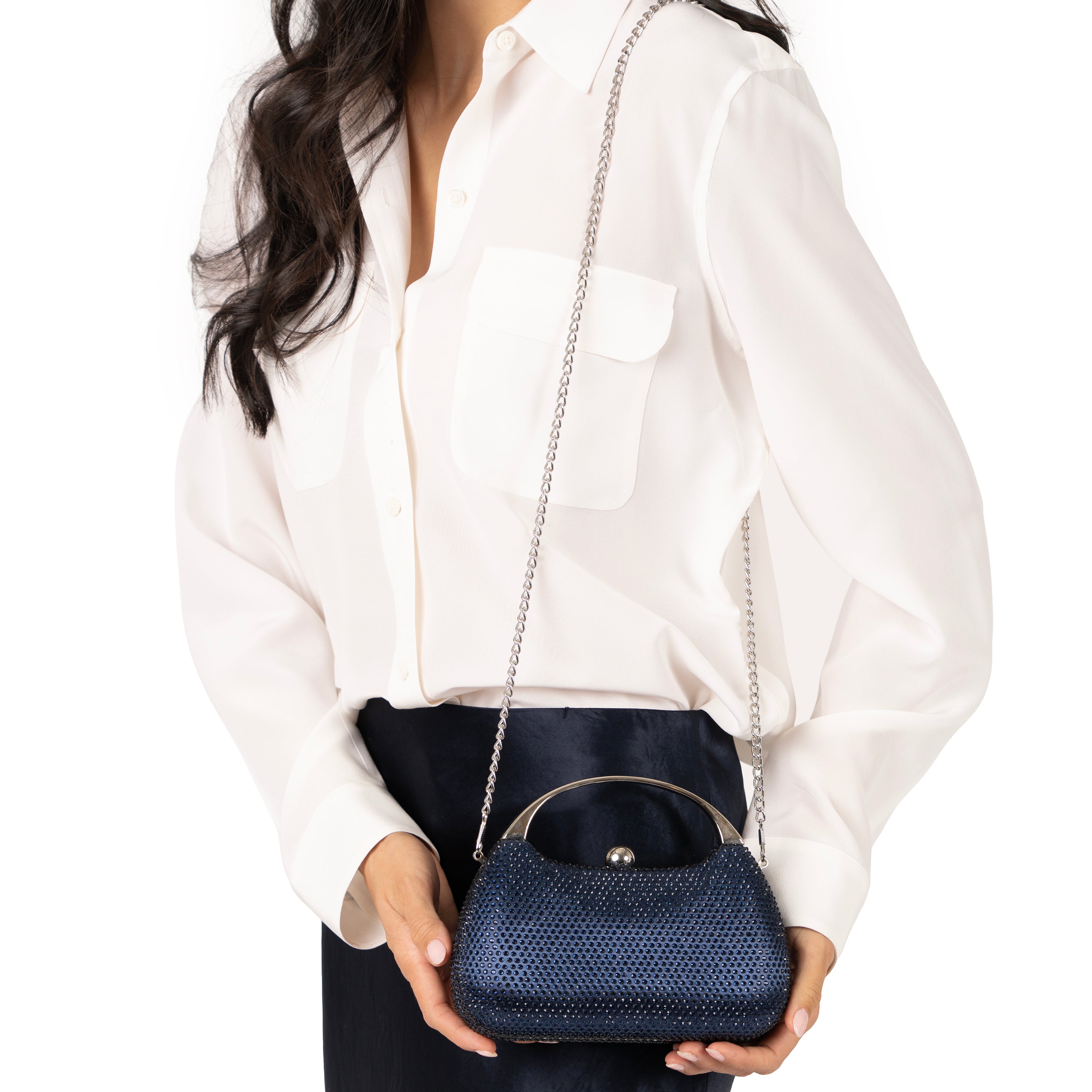 Womens Brando-P Blue Crystal Minaudiere With Metal Handle | Nina Shoes