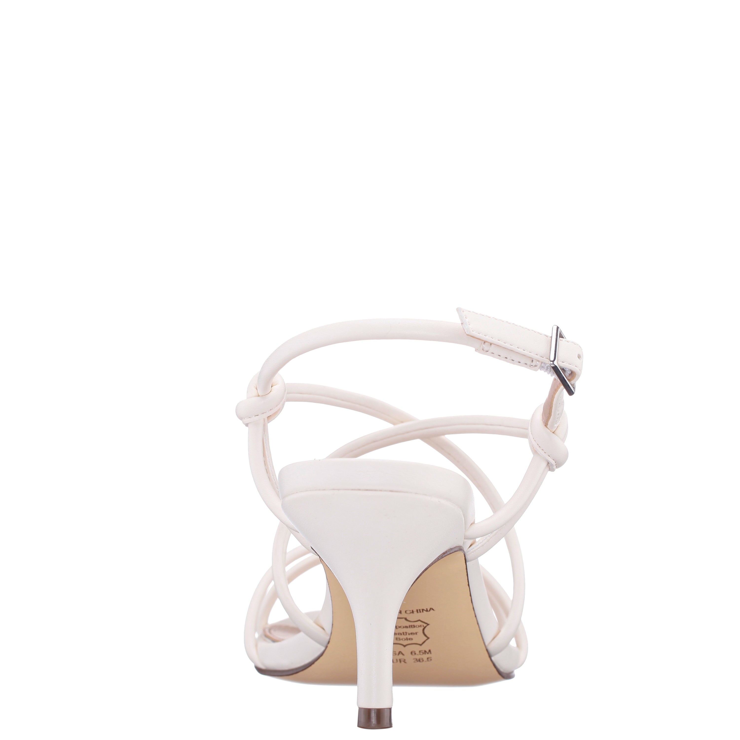 Womens Bright White Faux Leather Mid-Heel Strappy Sandals