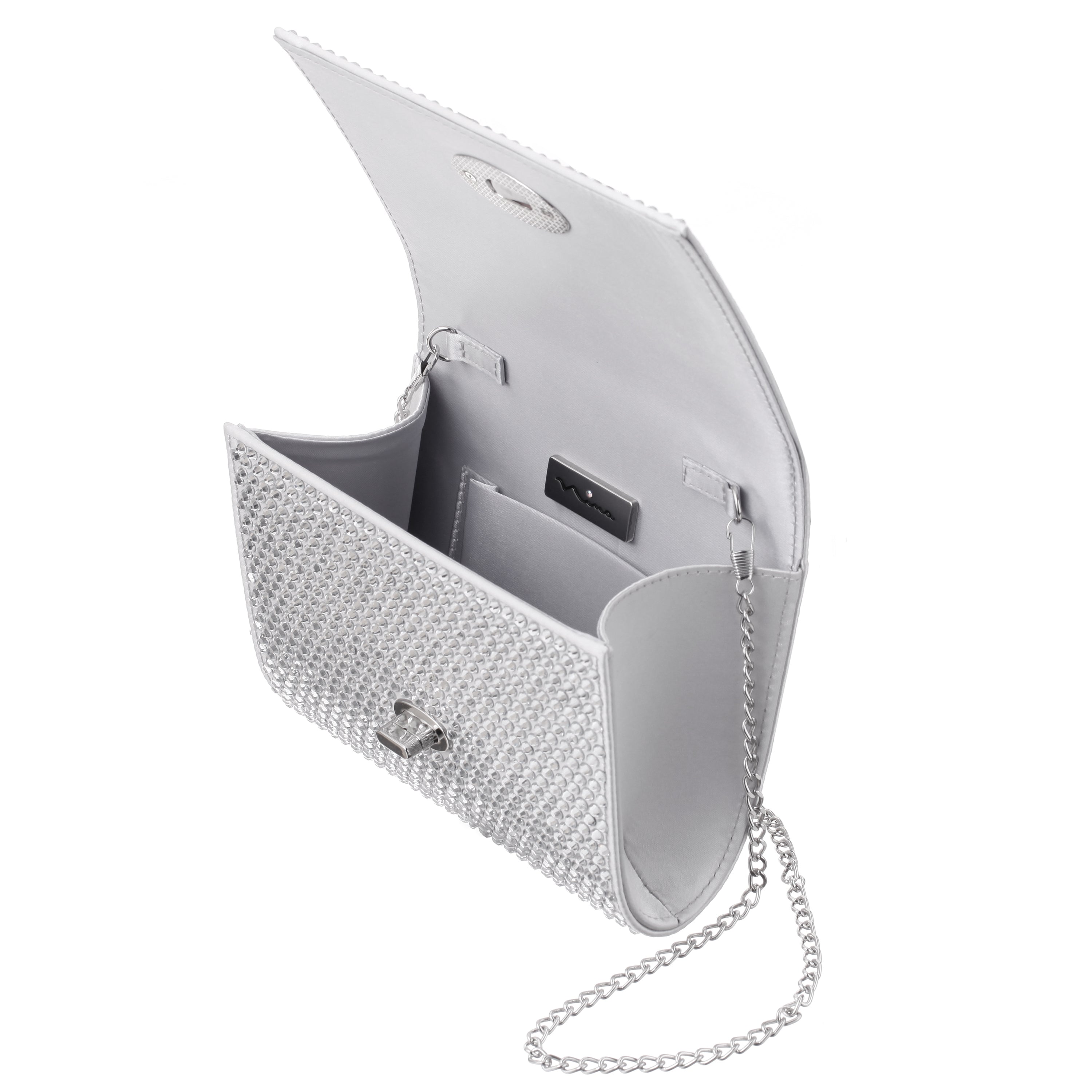 Womens Cilian Silver Glass Crystal Flap Clutch | Nina Shoes
