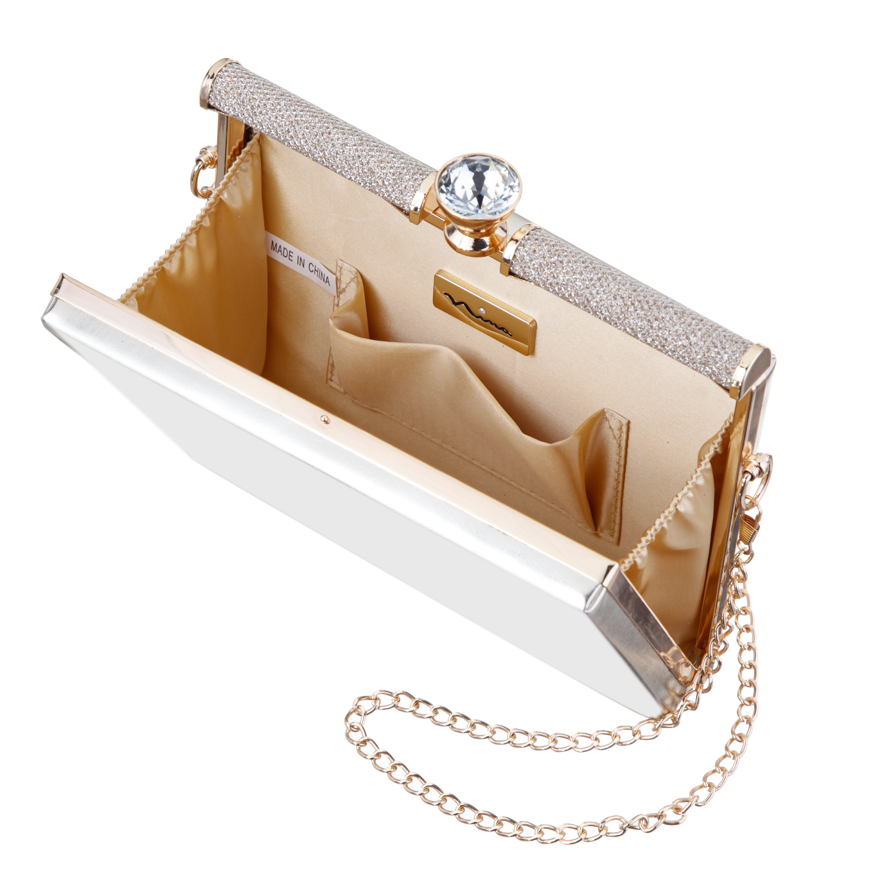 Womens Darby Platino Met Foil PU Frame Clutch | Nina Shoes