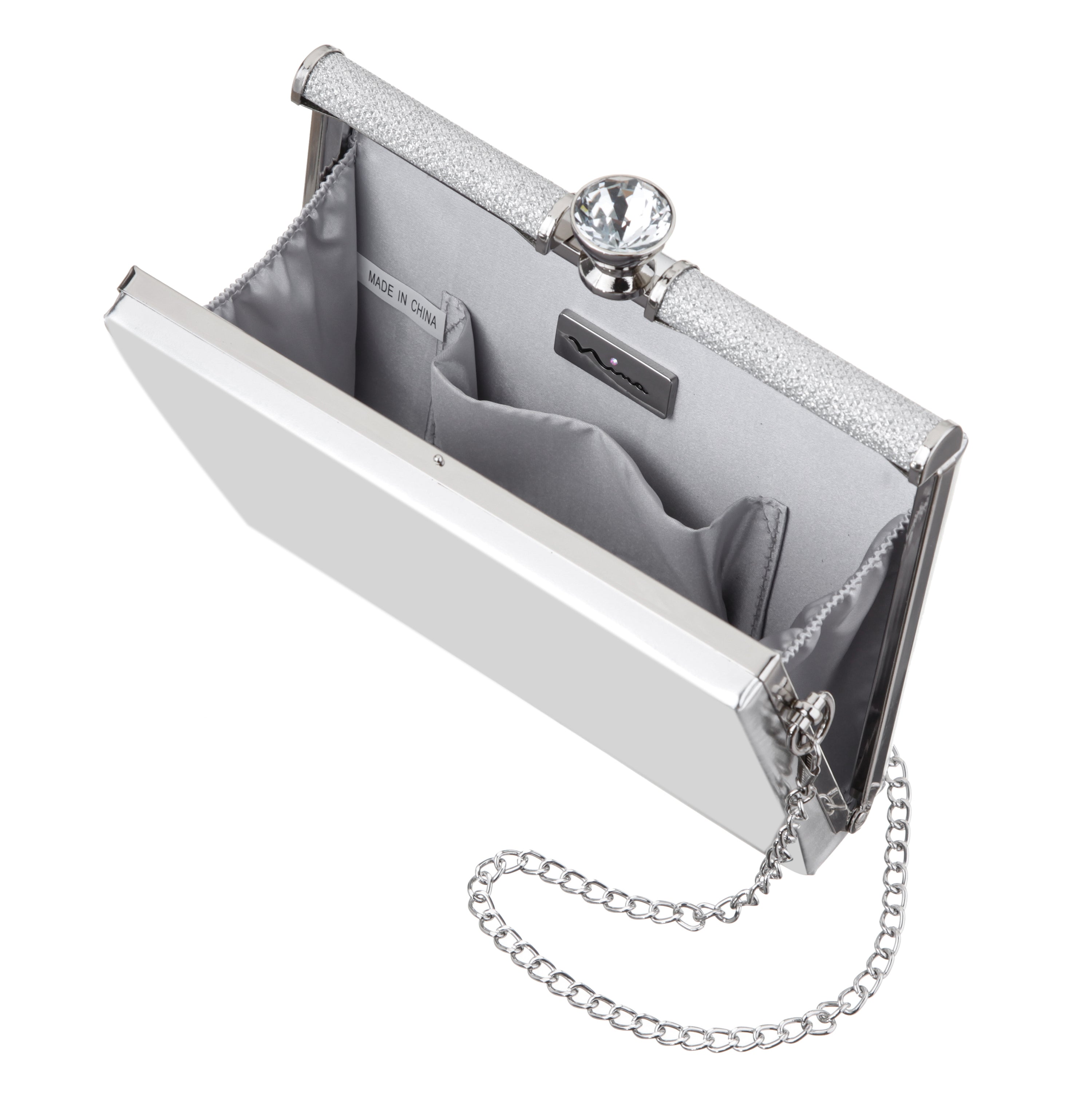 Womens Darby Silver Met Foil PU Frame Clutch | Nina Shoes