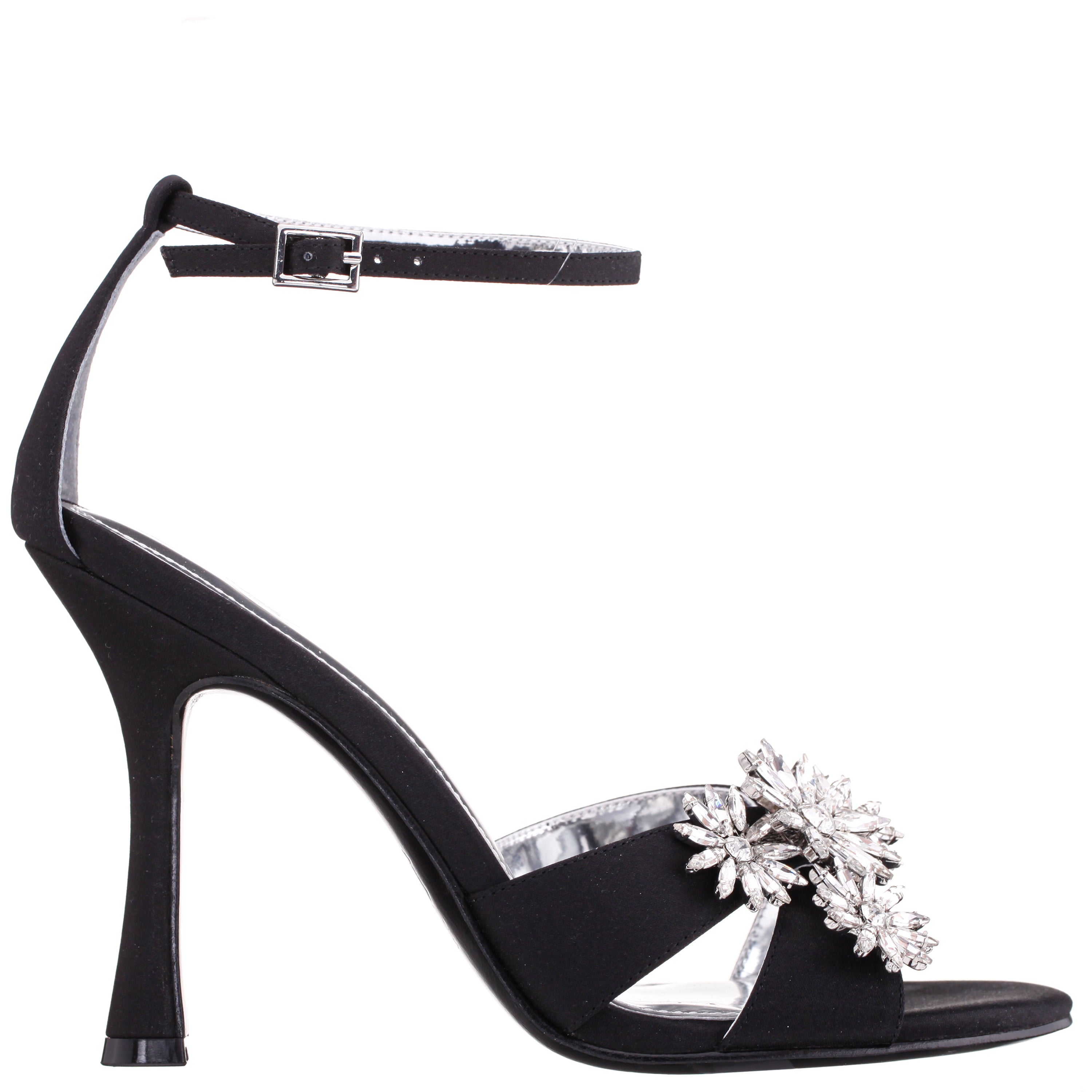 Womens Dawn Black Satin High-Heel Sandals with Crystal Flower