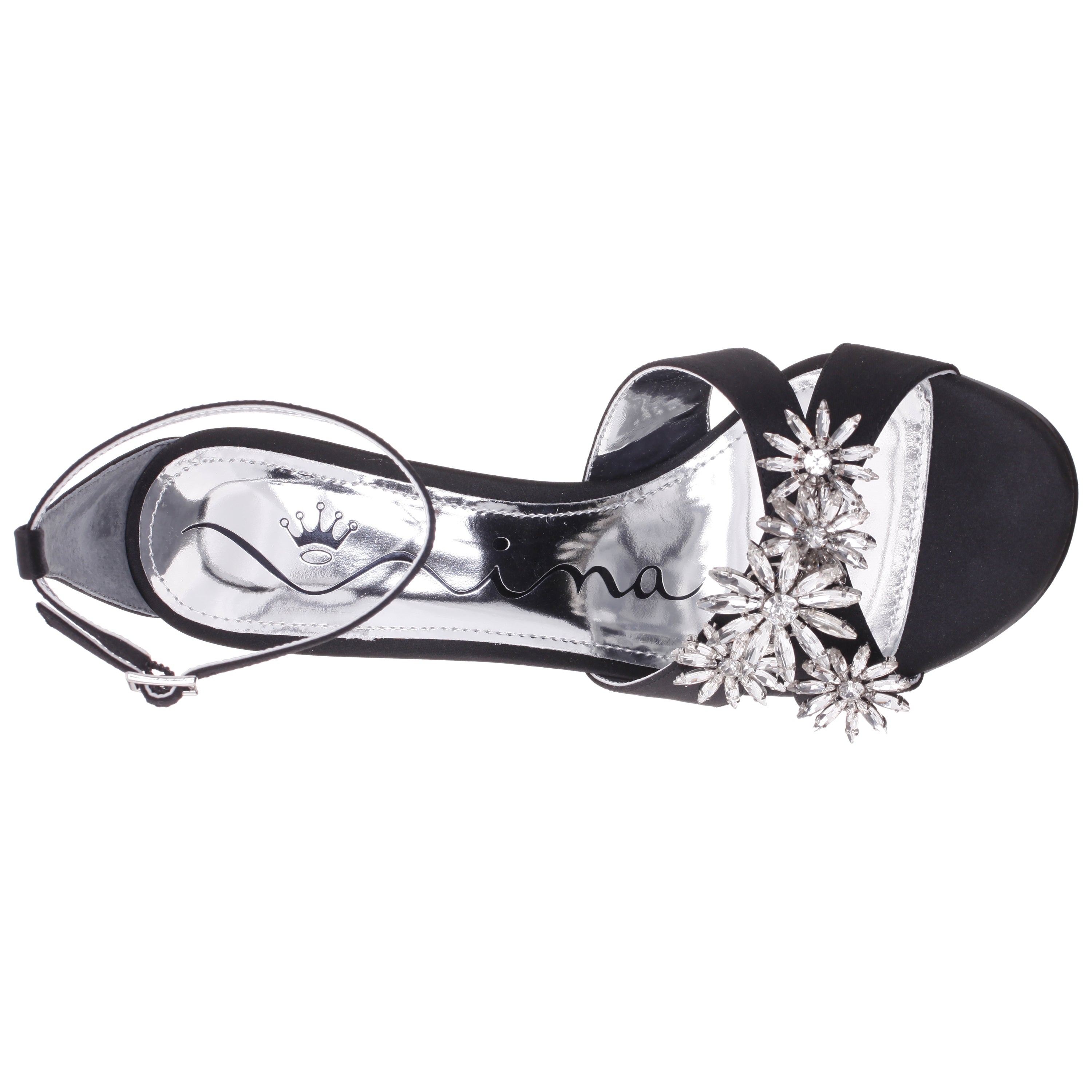 Womens Dawn Black Satin High-Heel Sandals with Crystal Flower