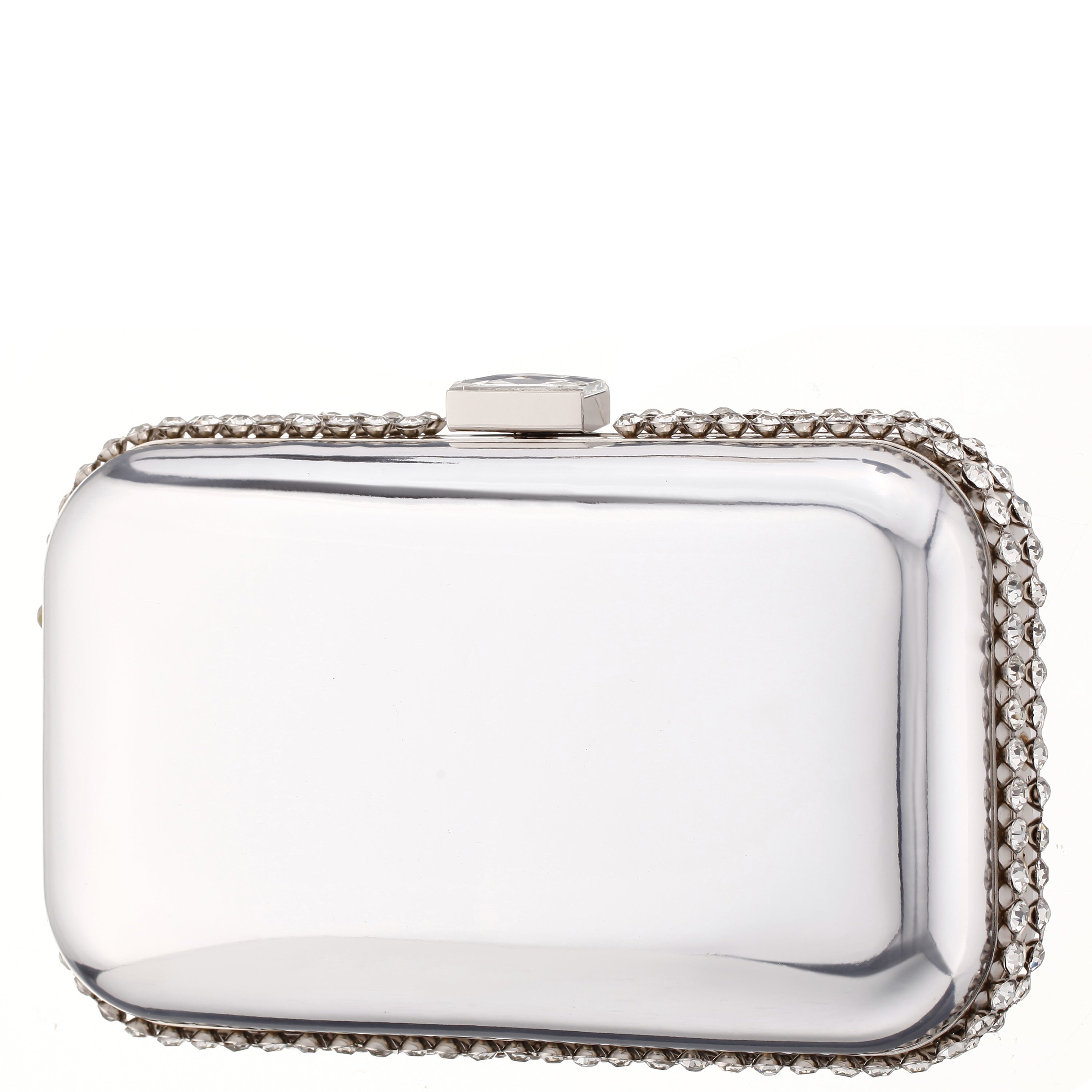 Womens Dorsey Silver Metallic Minaudiere W/Crystal Adorned Edge