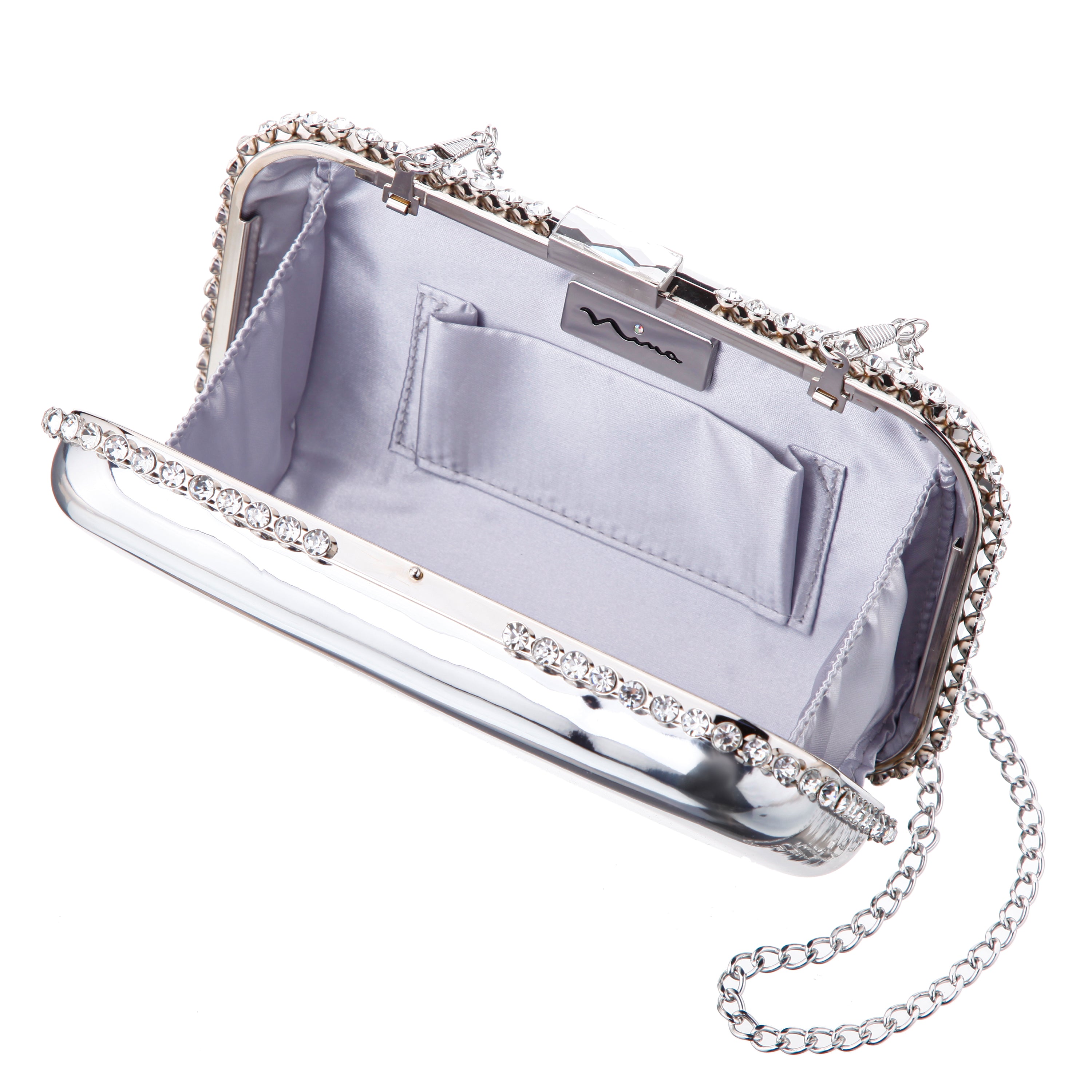 Womens Dorsey Silver Metallic Minaudiere W/Crystal Adorned Edge