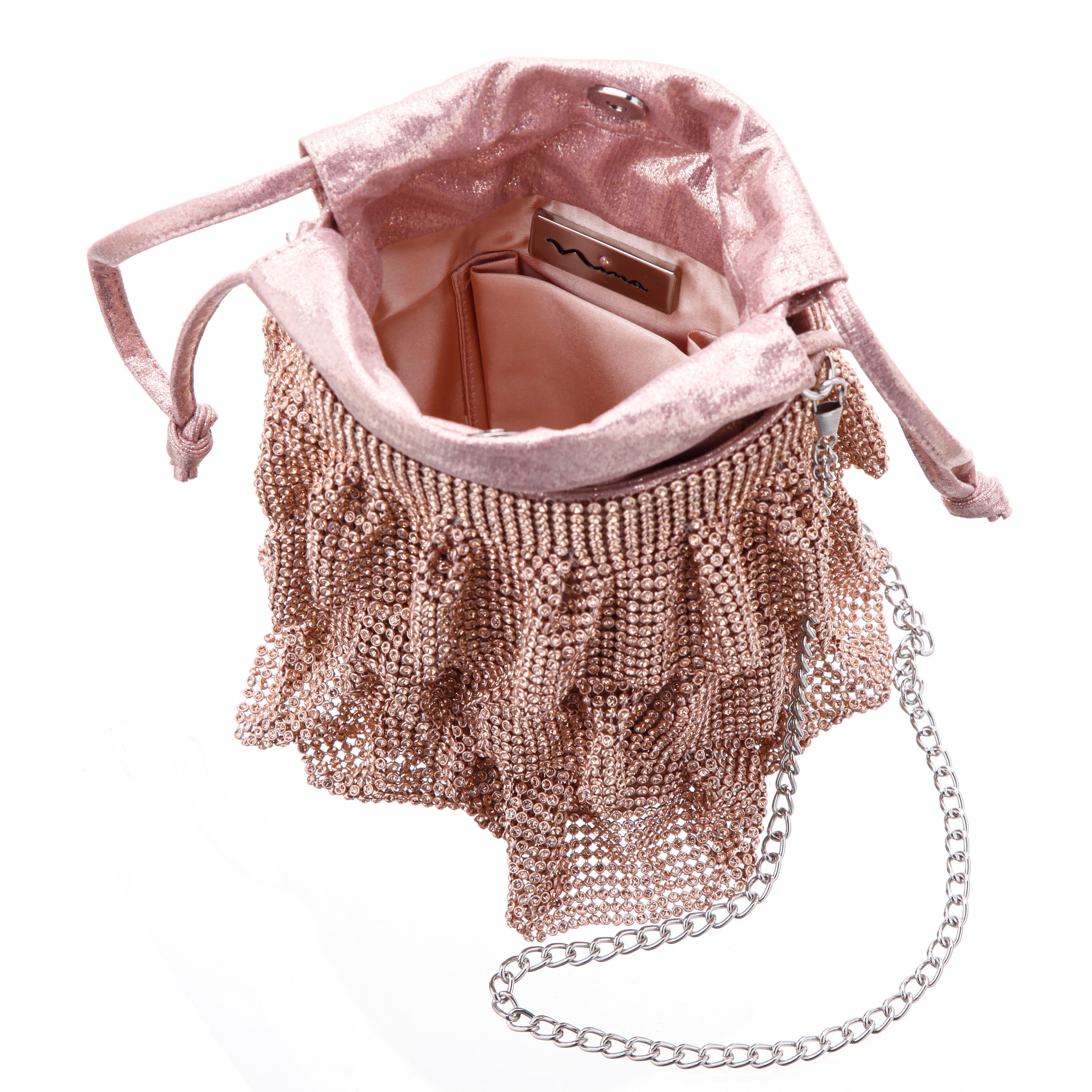 Womens Elegant Rose Gold 3 Tiered Crystal Mesh Pouch Bag | Nina Shoes