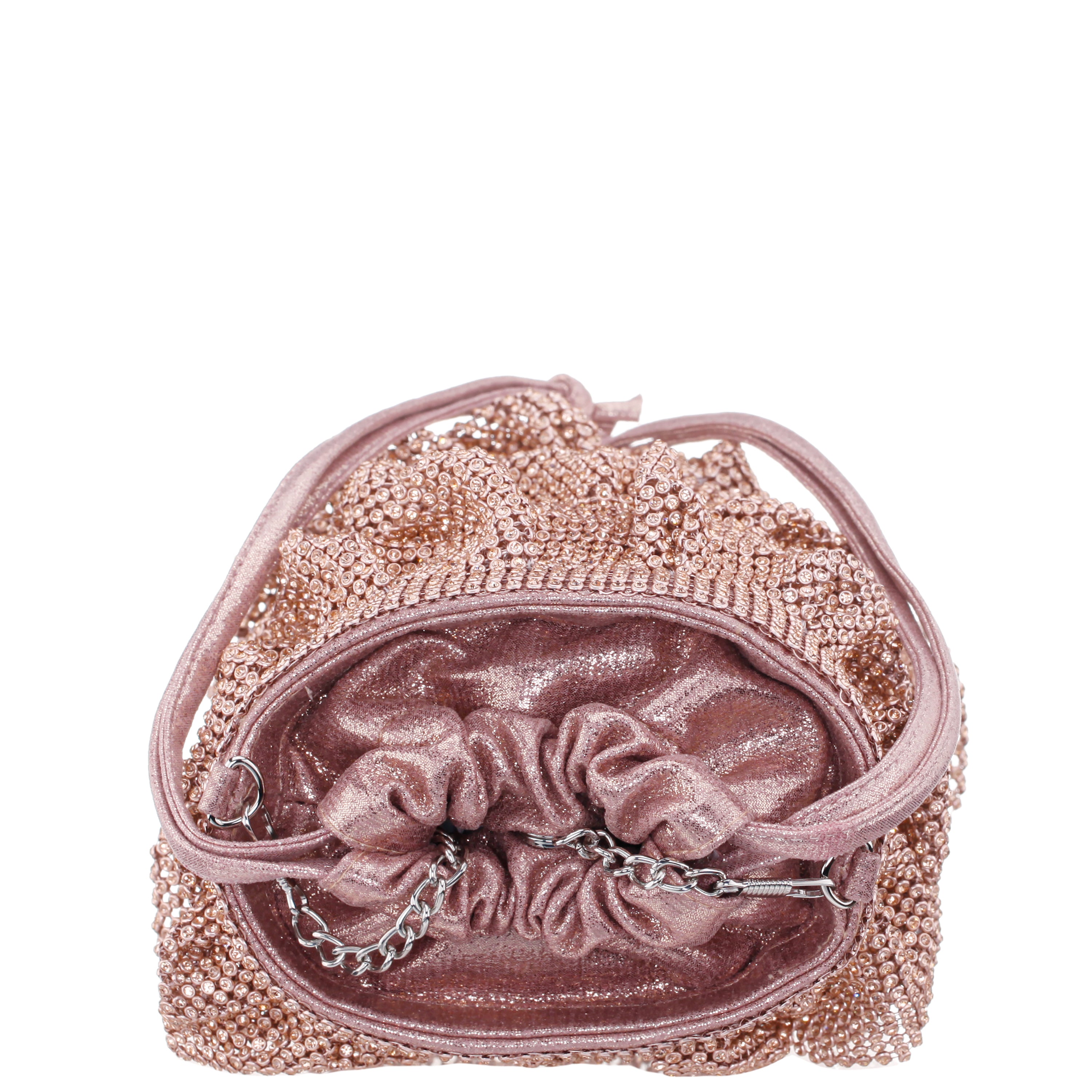 Womens Elegant Rose Gold 3 Tiered Crystal Mesh Pouch Bag | Nina Shoes