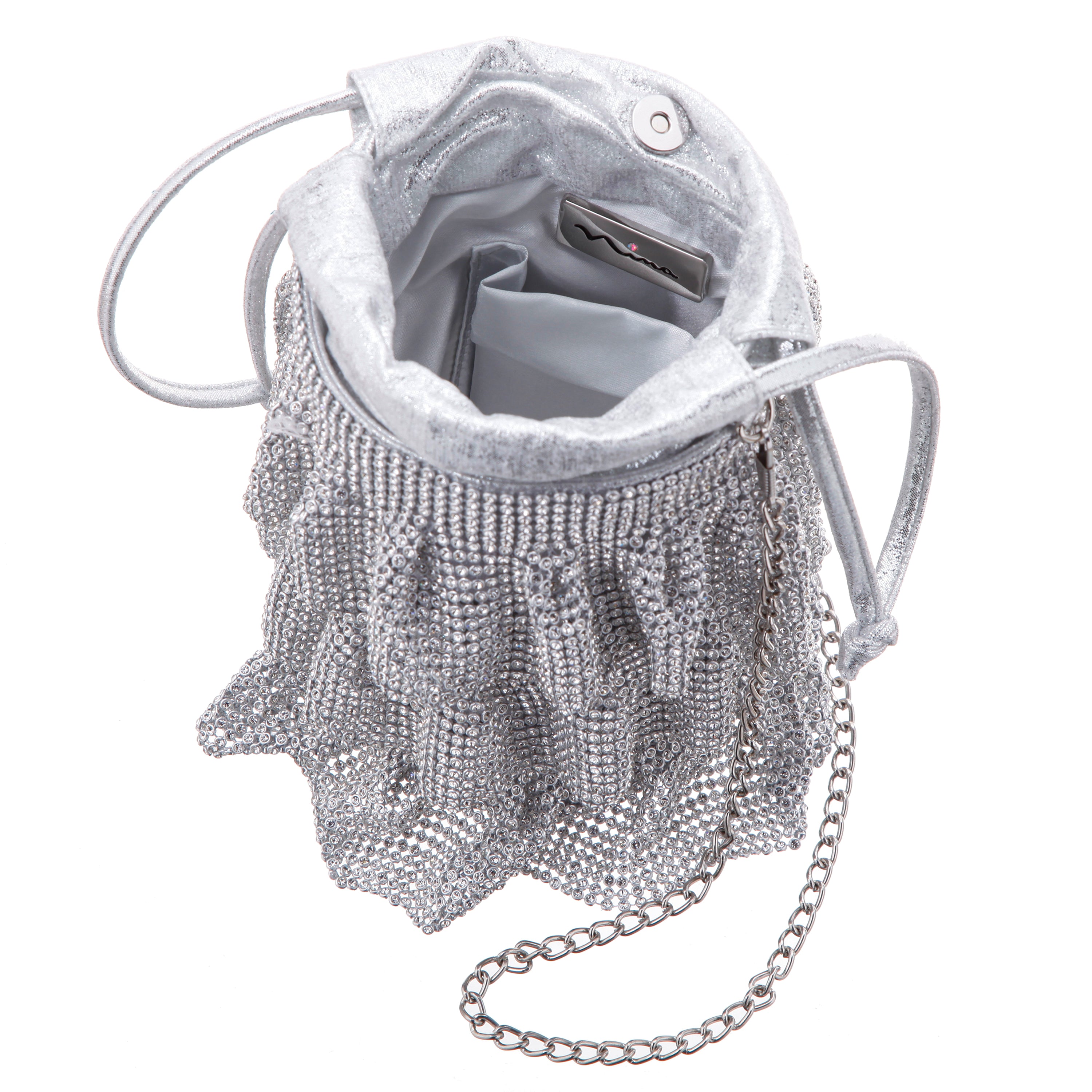 Womens Elegant Silver 3 Tiered Crystal Mesh Pouch Bag | Nina Shoes