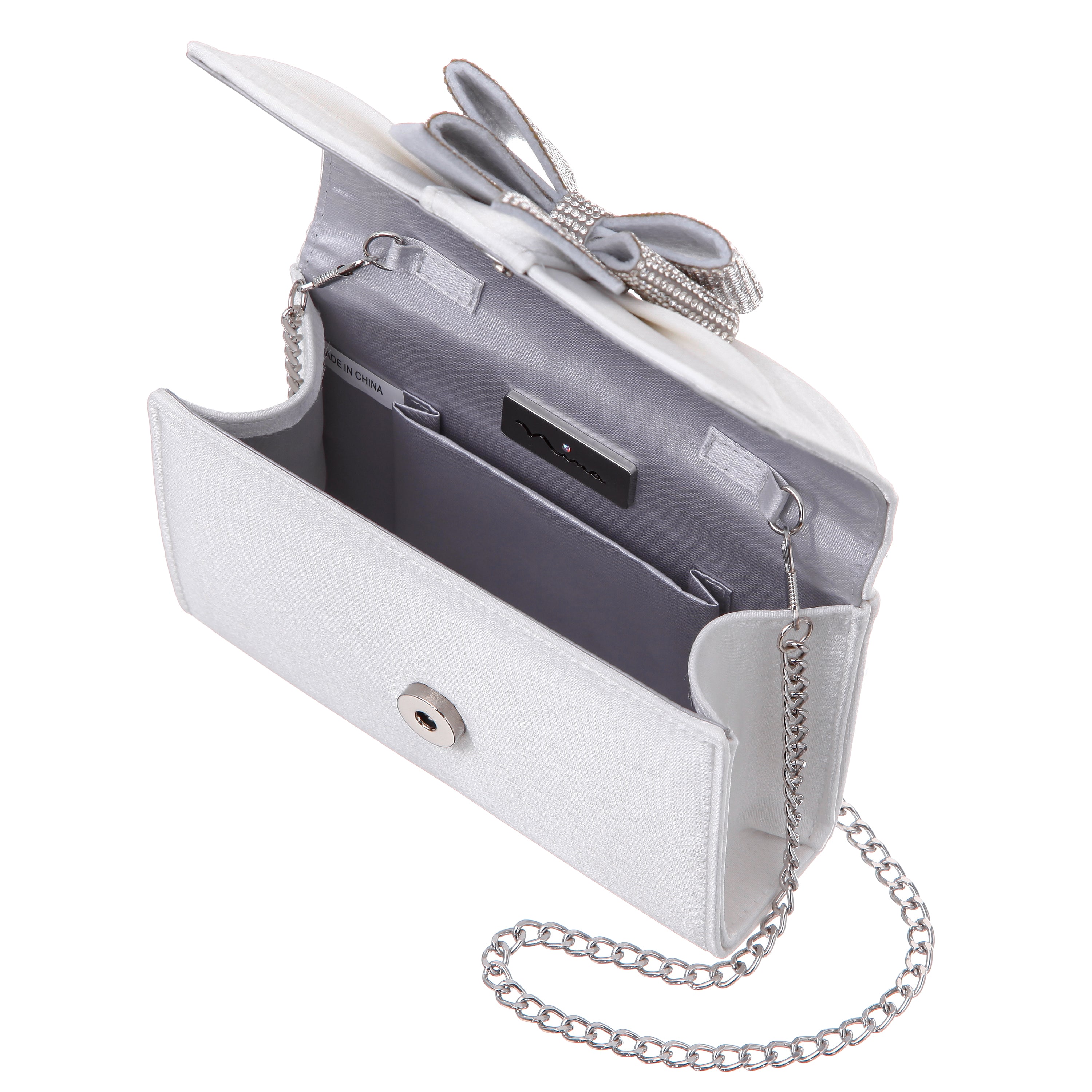 Womens Etta White Metallic Shine Fabric Clutch | Nina Shoes