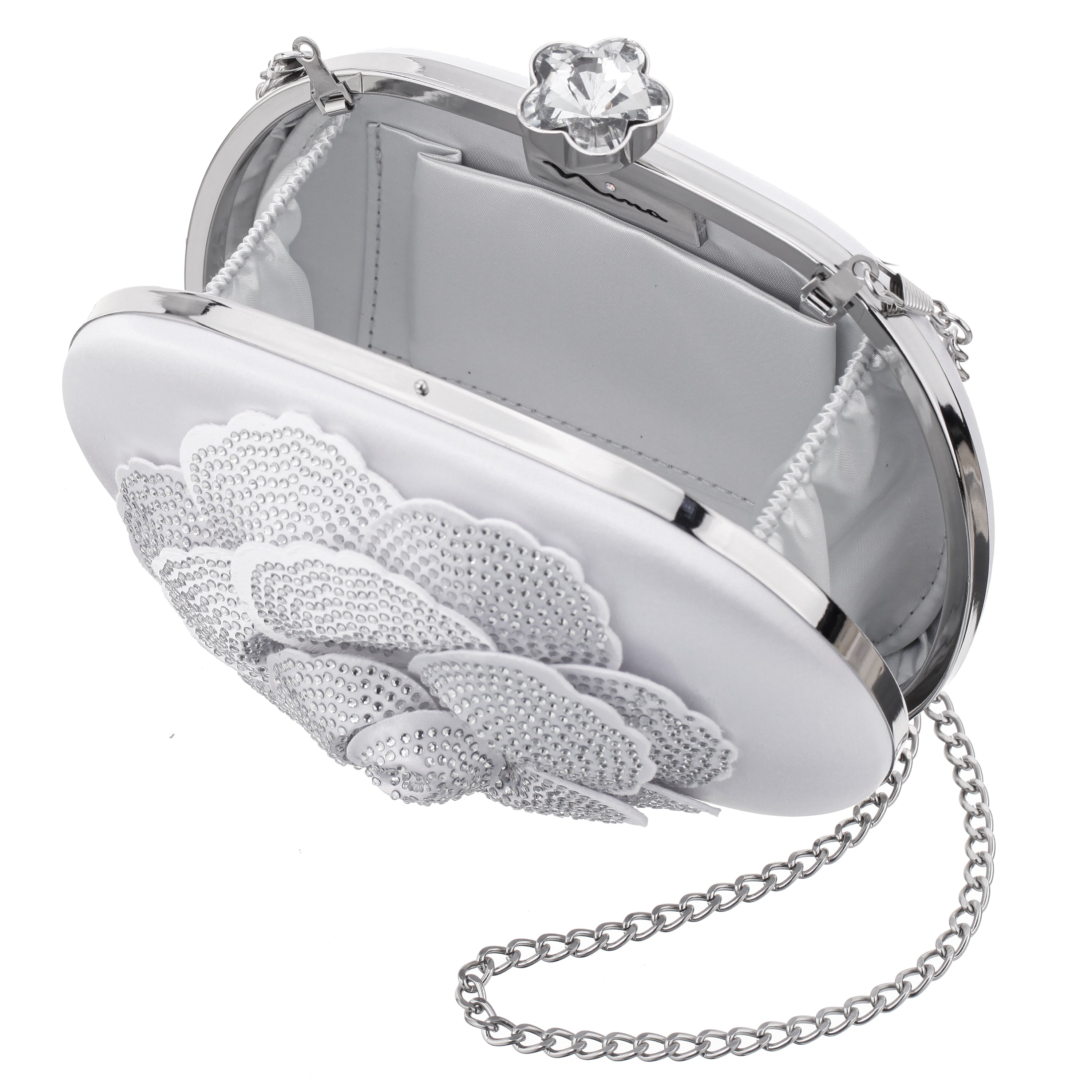 Womens Flores White Crystal Embellished Flower Minaudiere | Nina Shoes