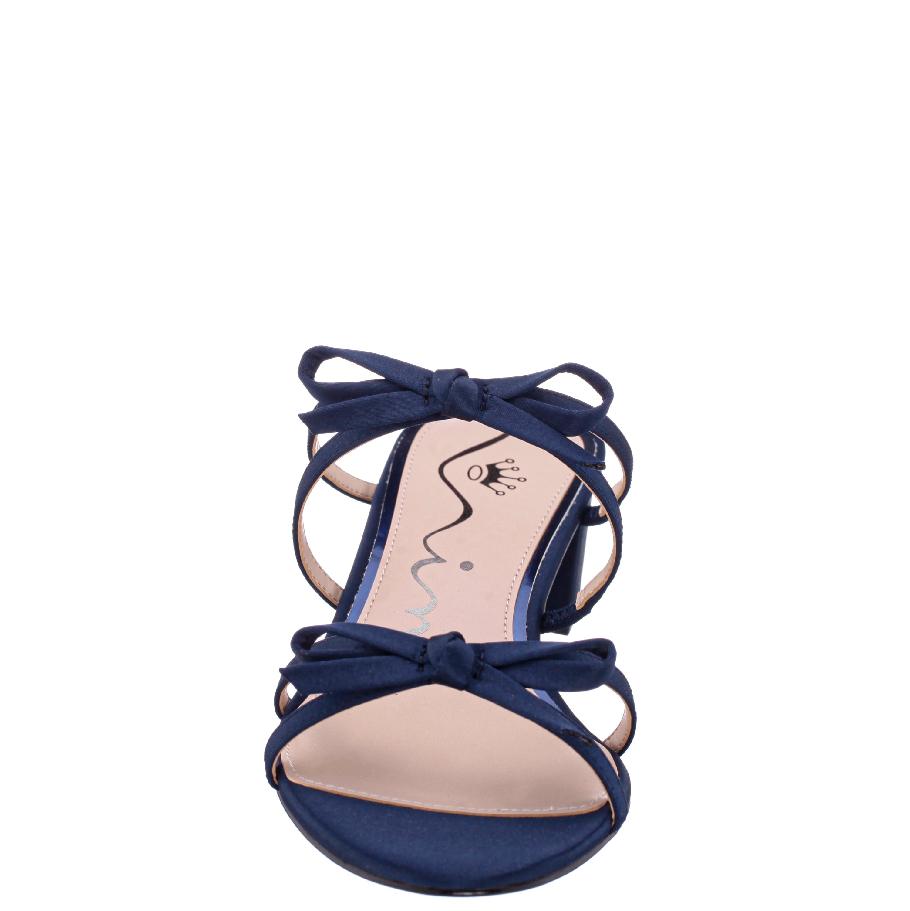 Womens Gaby Blue Satin with Bows on a Block-Heel Slide | Nina Shoes
