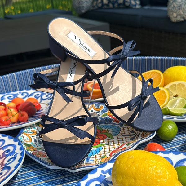 ninaページ Womens Gaby Blue Satin with Bows on a Block-Heel Slide | Nina Shoes