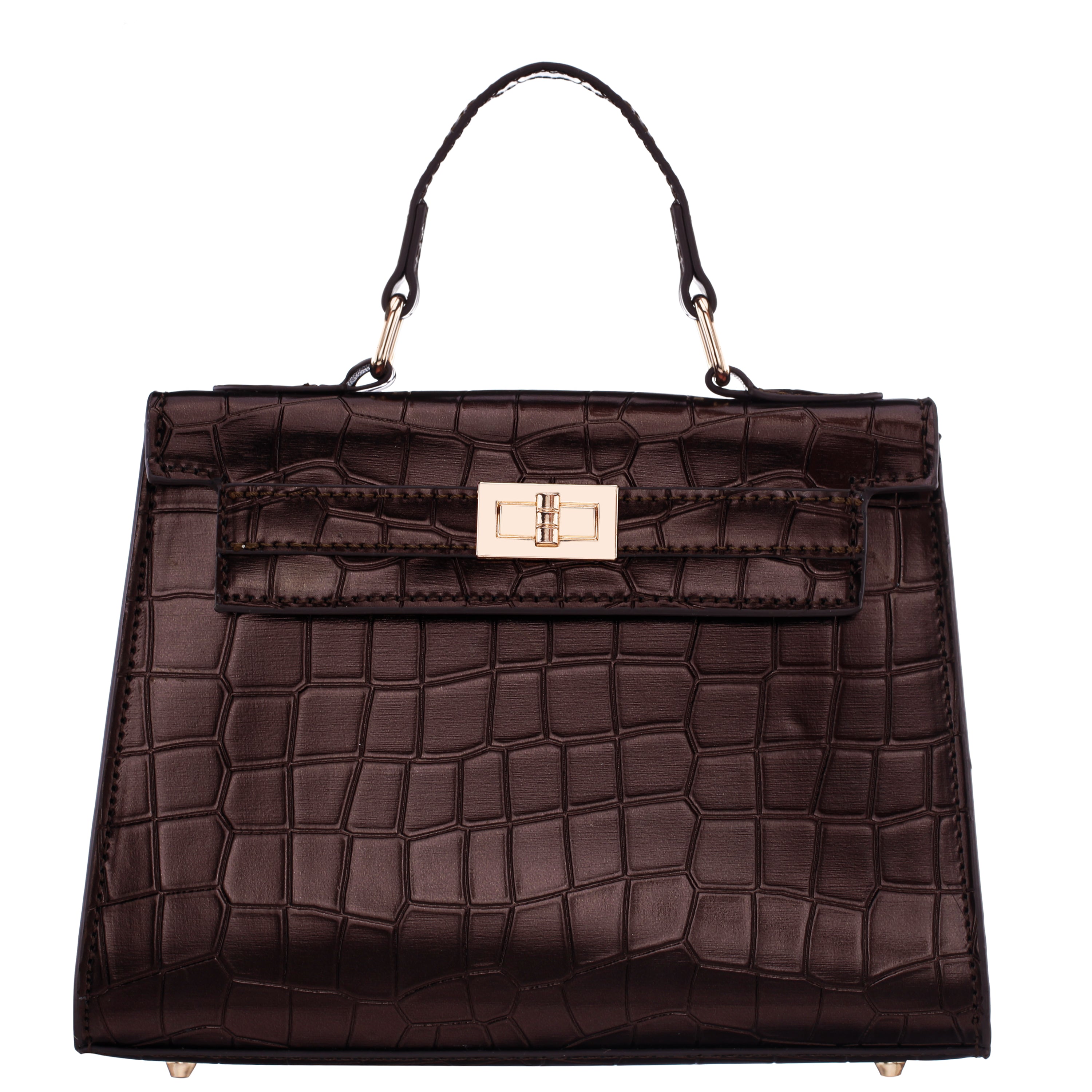 ココリコ Womens Gemini-C Brown Large Embossed Croco PU Handle Satchel