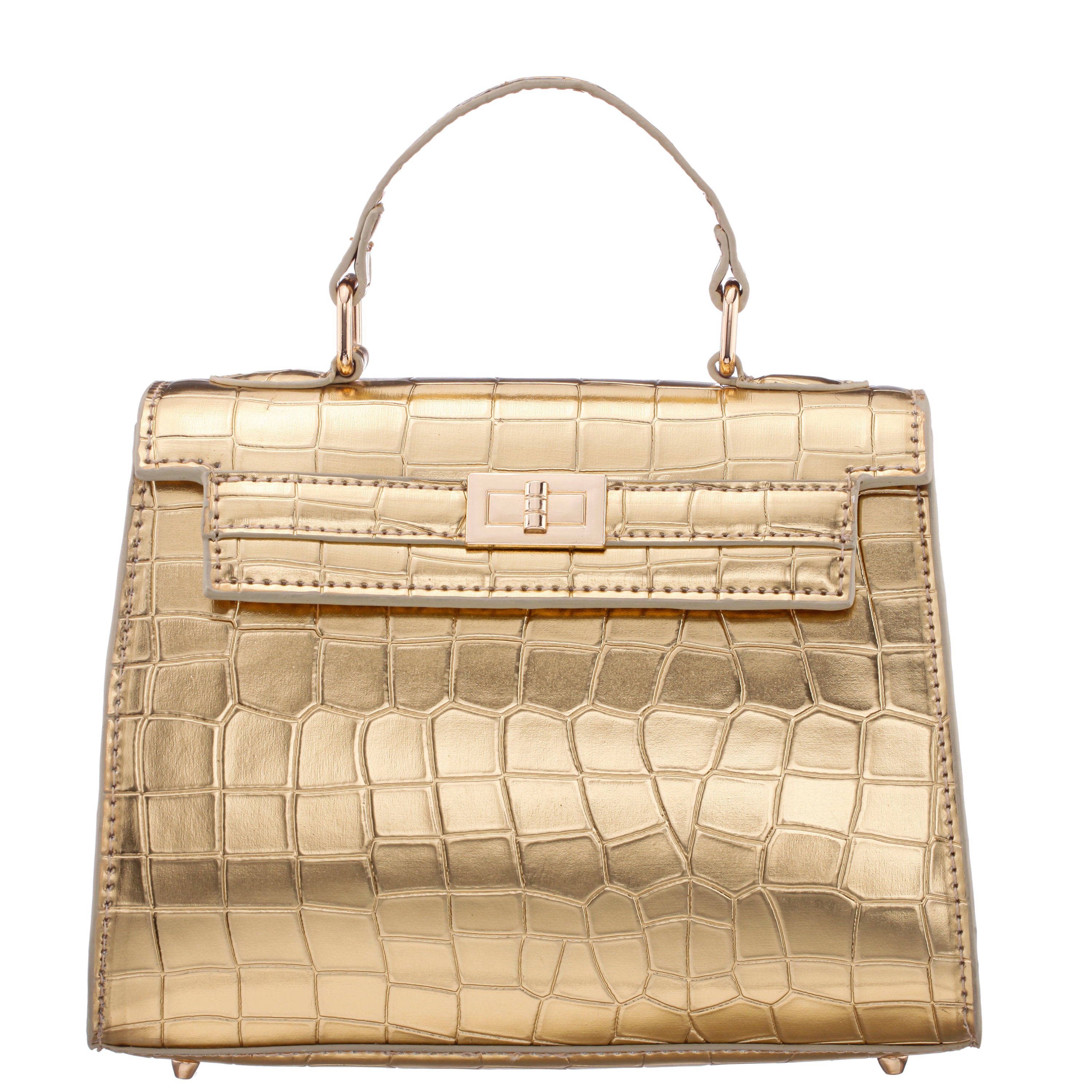 Womens Gemini-C Gold Large Embossed Croco PU Handle Satchel | Nina