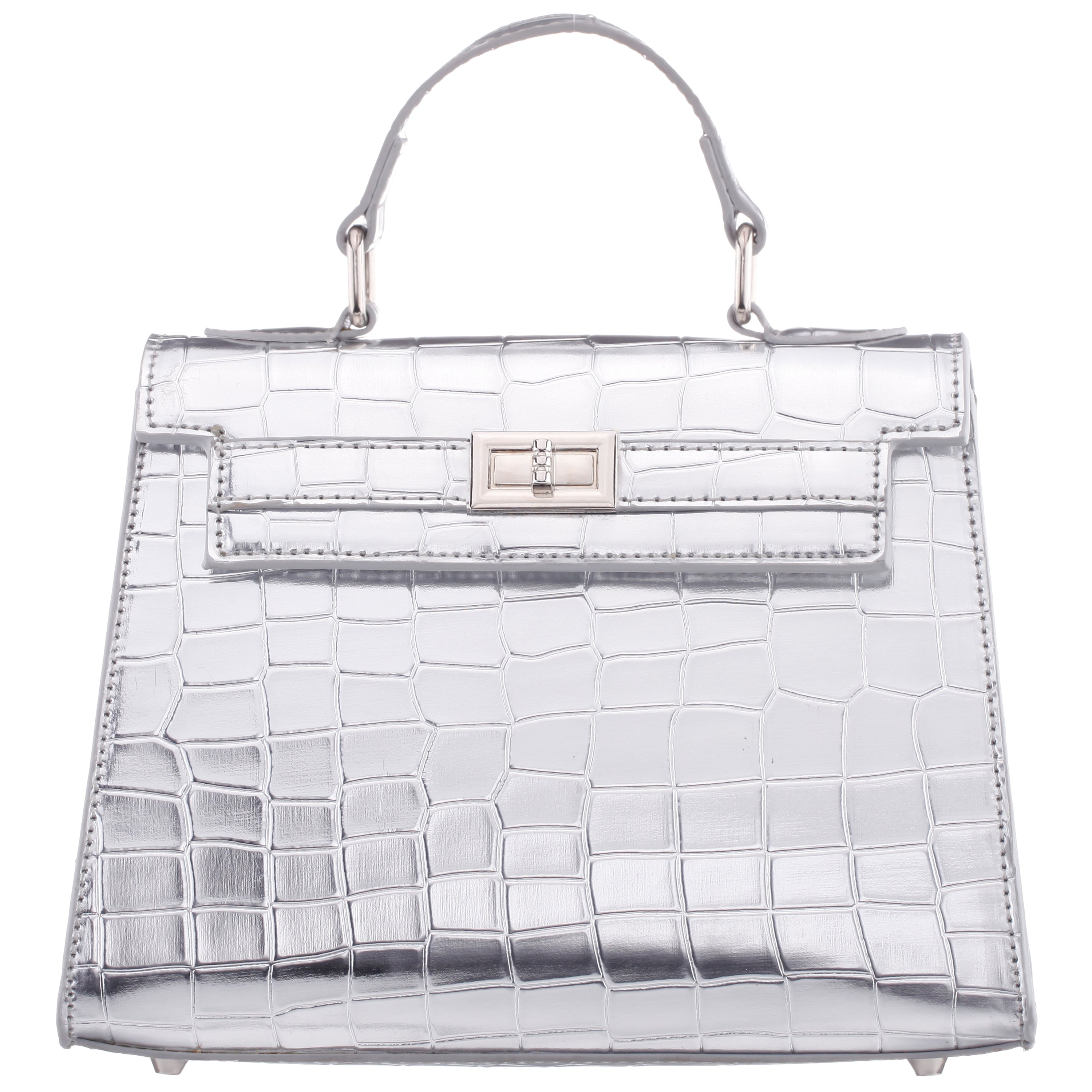 Womens Gemini-C Silver Large Embossed Croco PU Handle Satchel