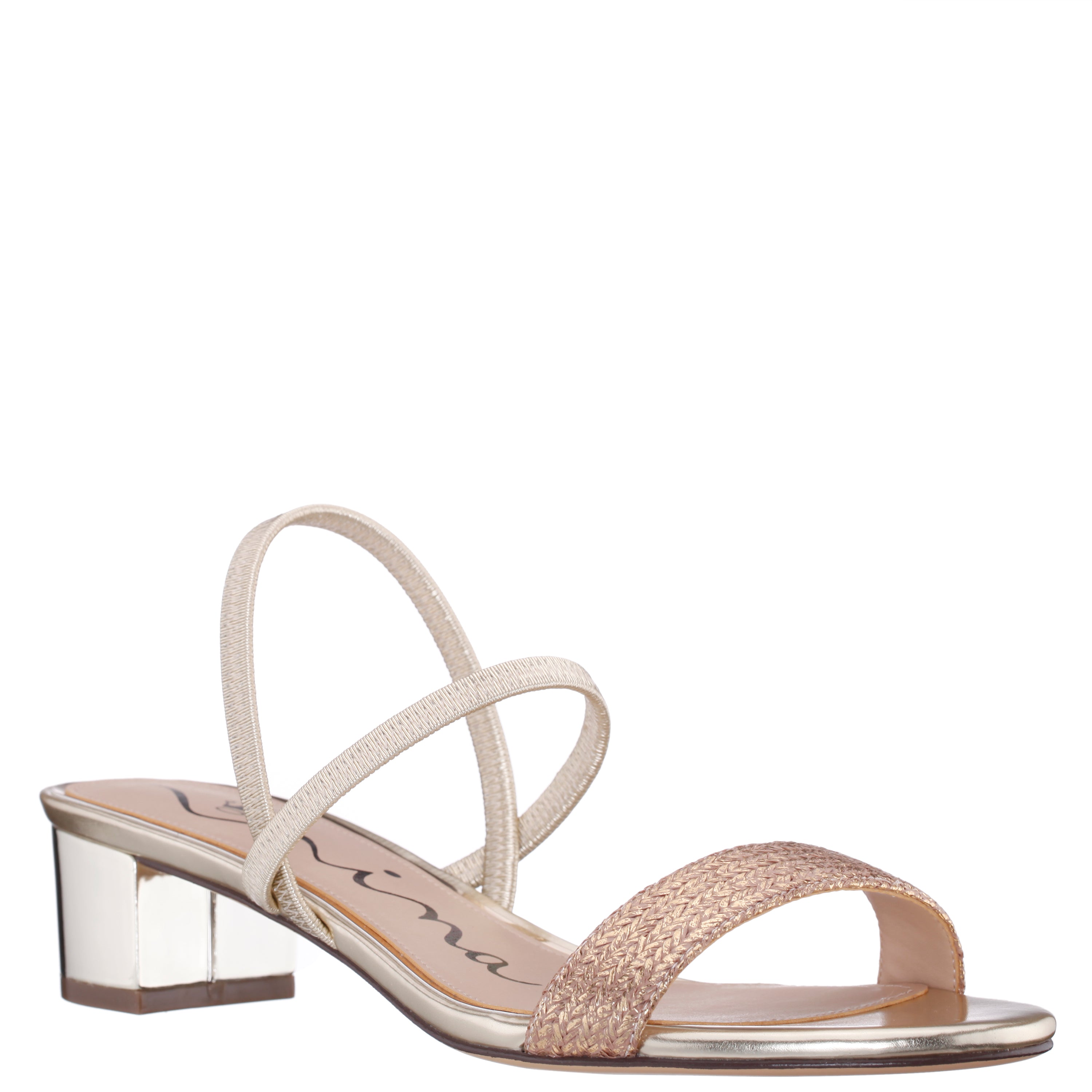 Womens Gessica Gold Metallic Straw Block Heel Sandal | Nina Shoes
