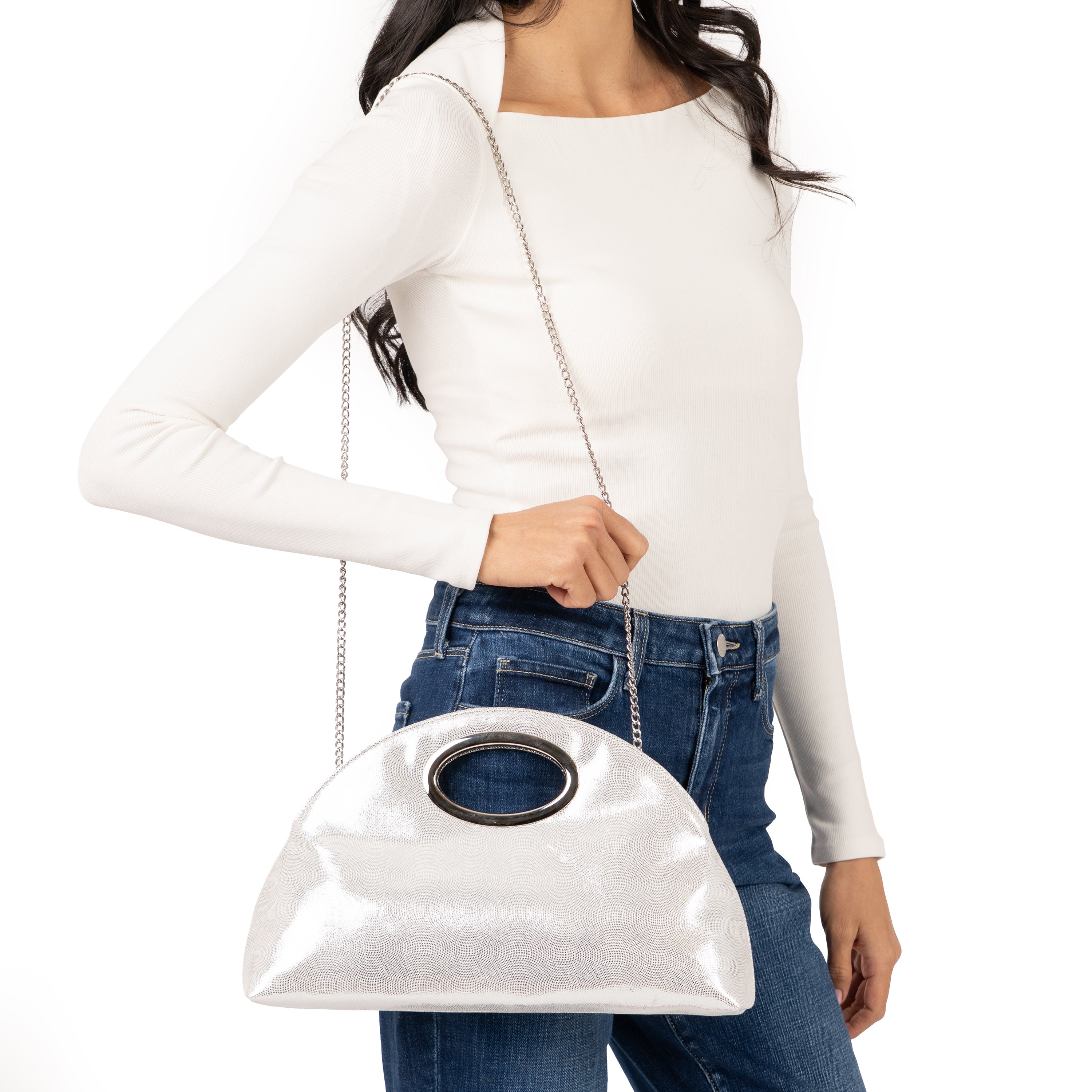 Womens Jael Silver Metallic Geo Swirl Fabric Handle Bag | Nina Shoes