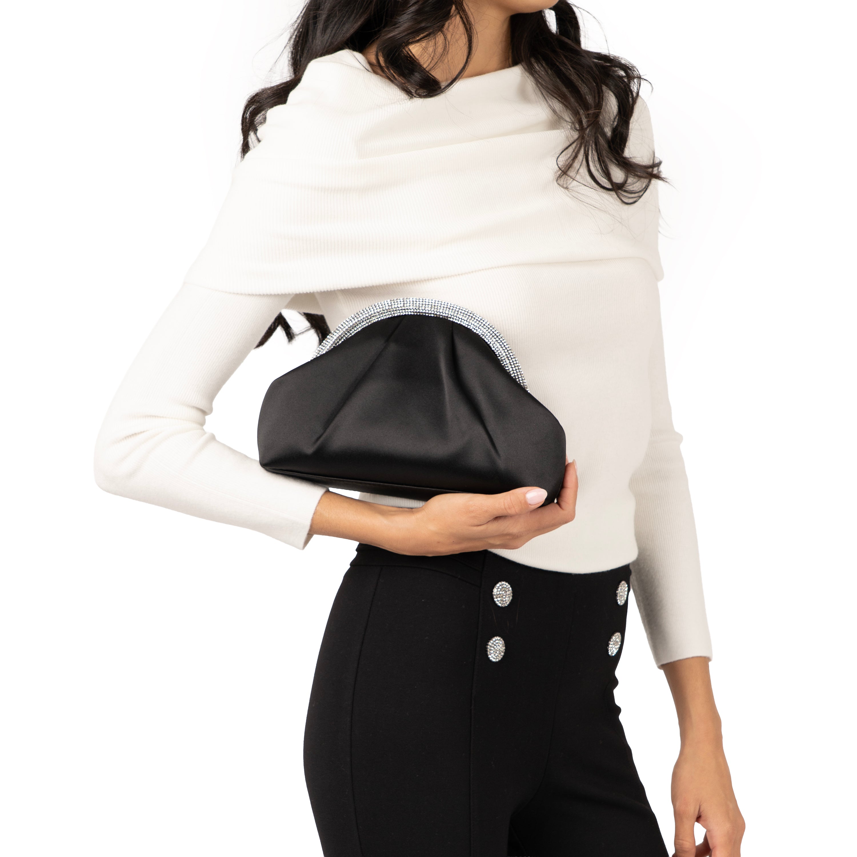 みな子様　シュクリエバッグ①40cm zipper Womens Jane Black Satin/Glass Crystal Frame Clutch | Nina Shoes