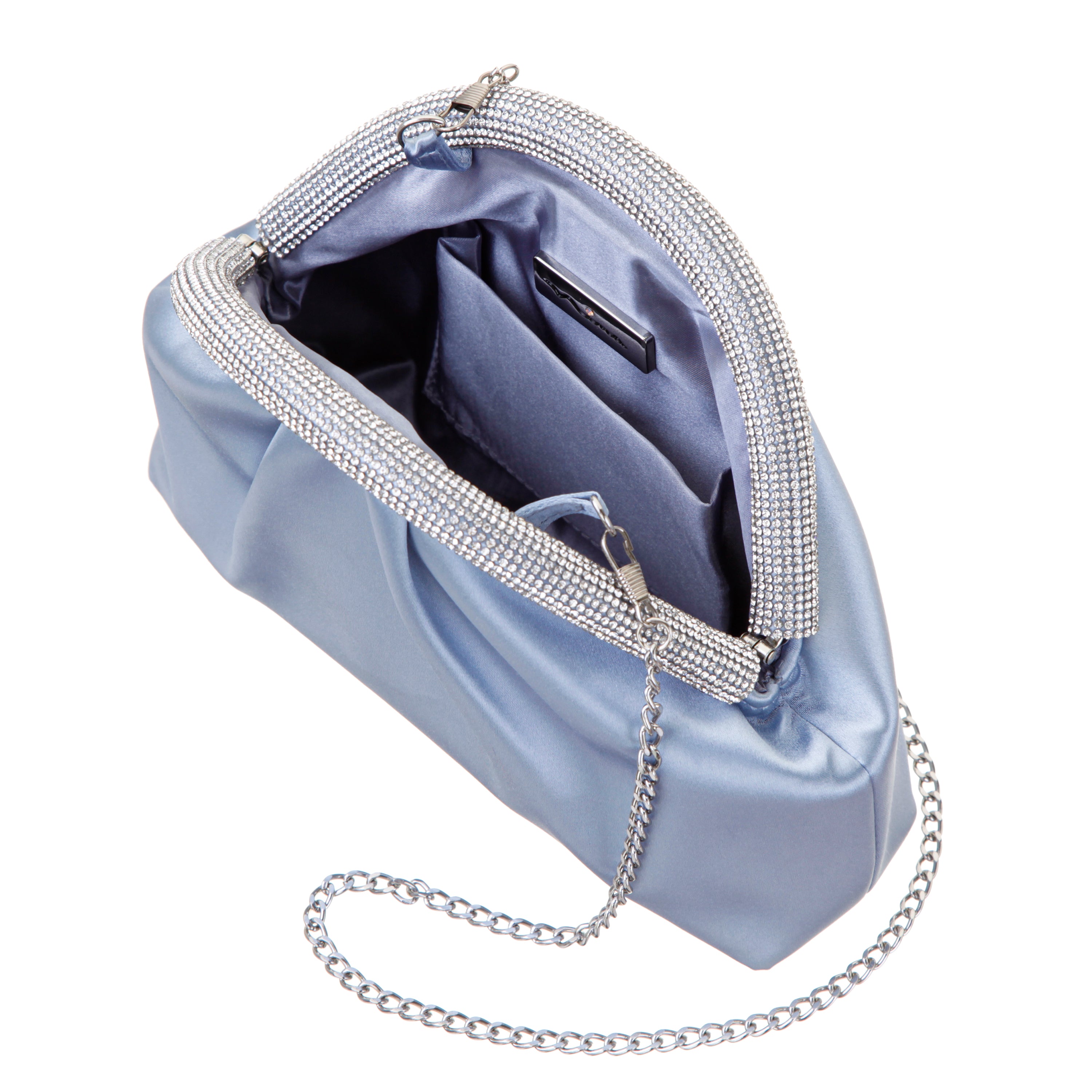 Womens Jane Blue Satin/Glass Crystal Frame Clutch | Nina Shoes