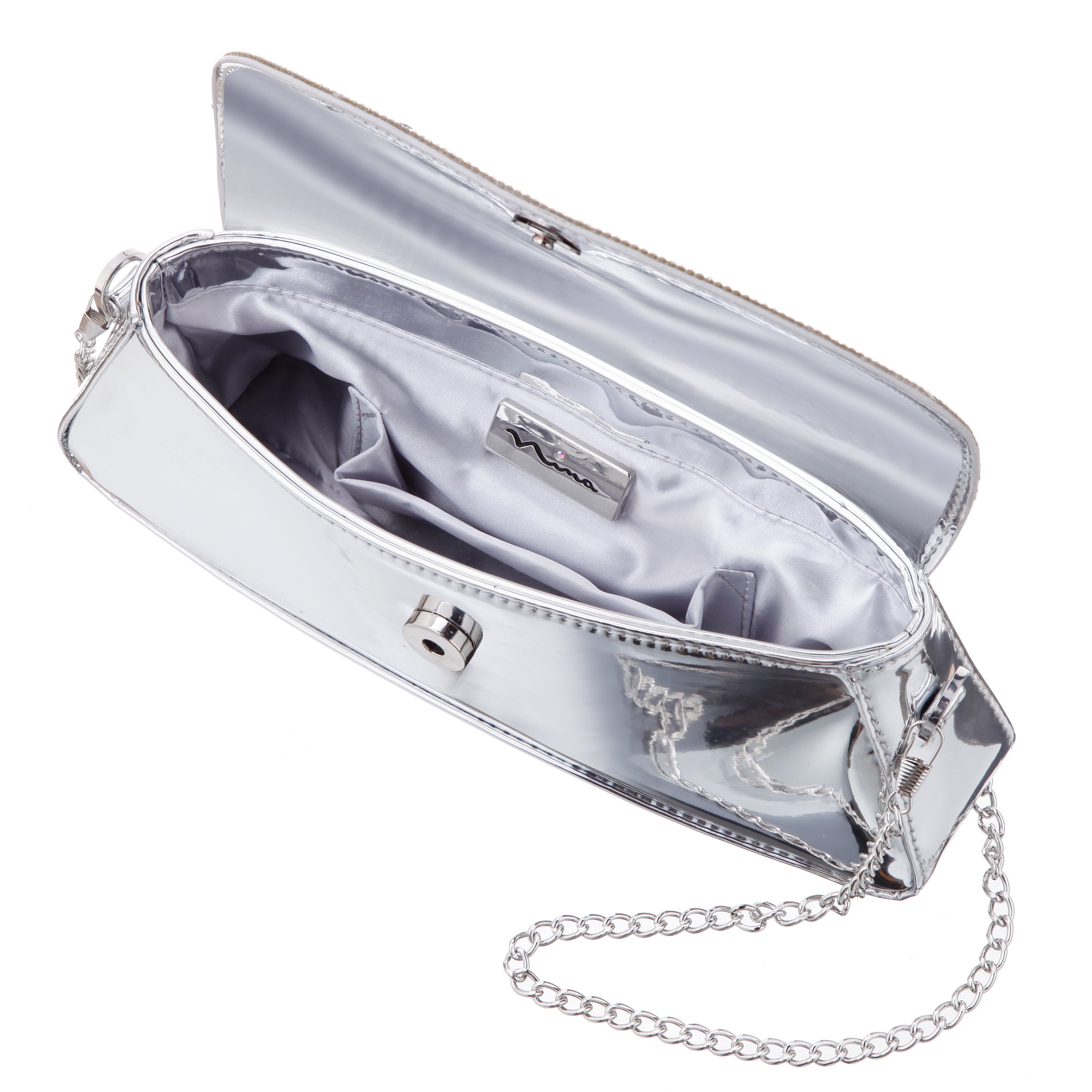 Nina Crystal Flap Mirror Metallic Patent Clutch Bag - Silver Womens Joselyn Silver Crystal Flap Mirror Metallic Patent Clutch Bag | Nina  Shoes