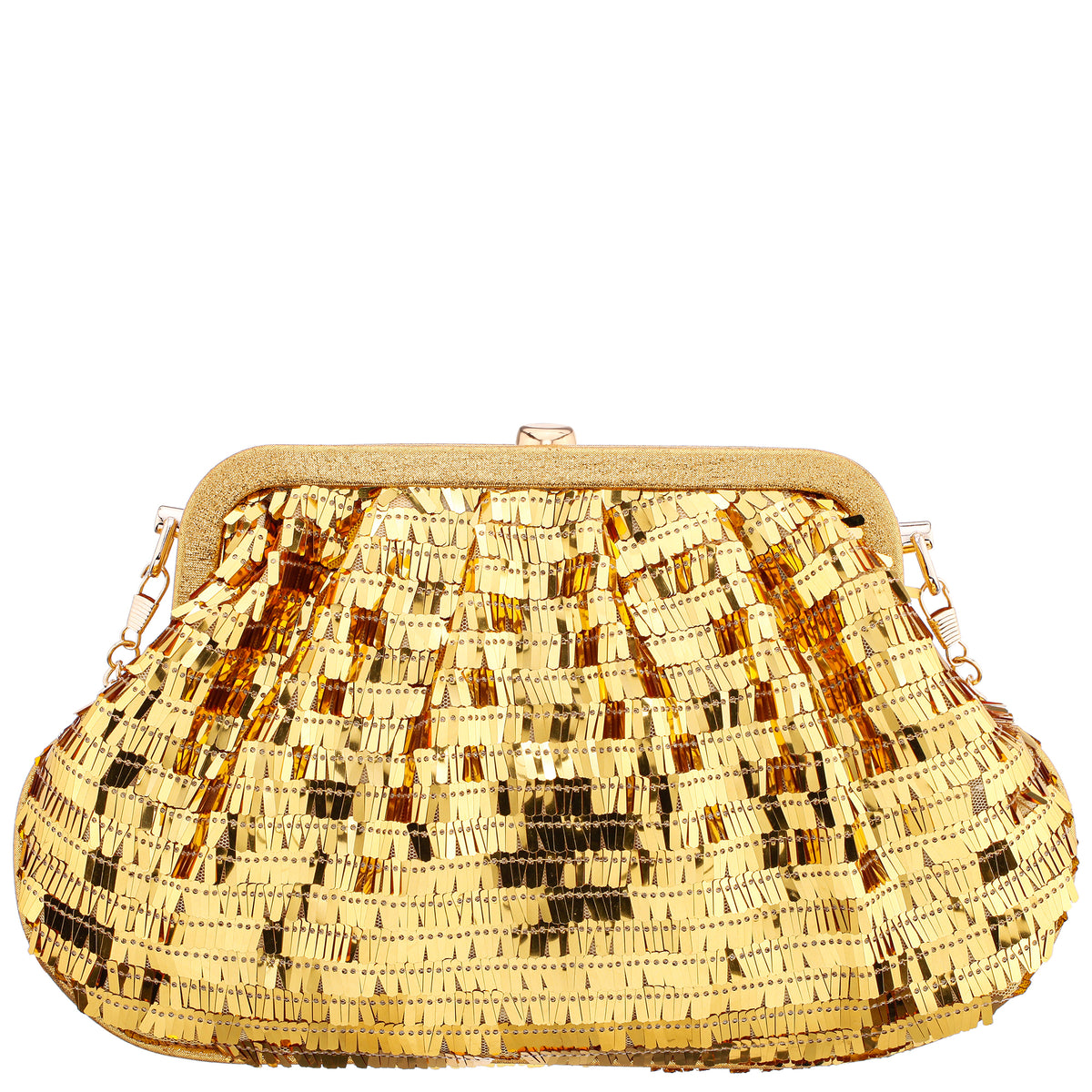 Womens June Gold Fringe Sequin Frame Clutch | Nina Shoes