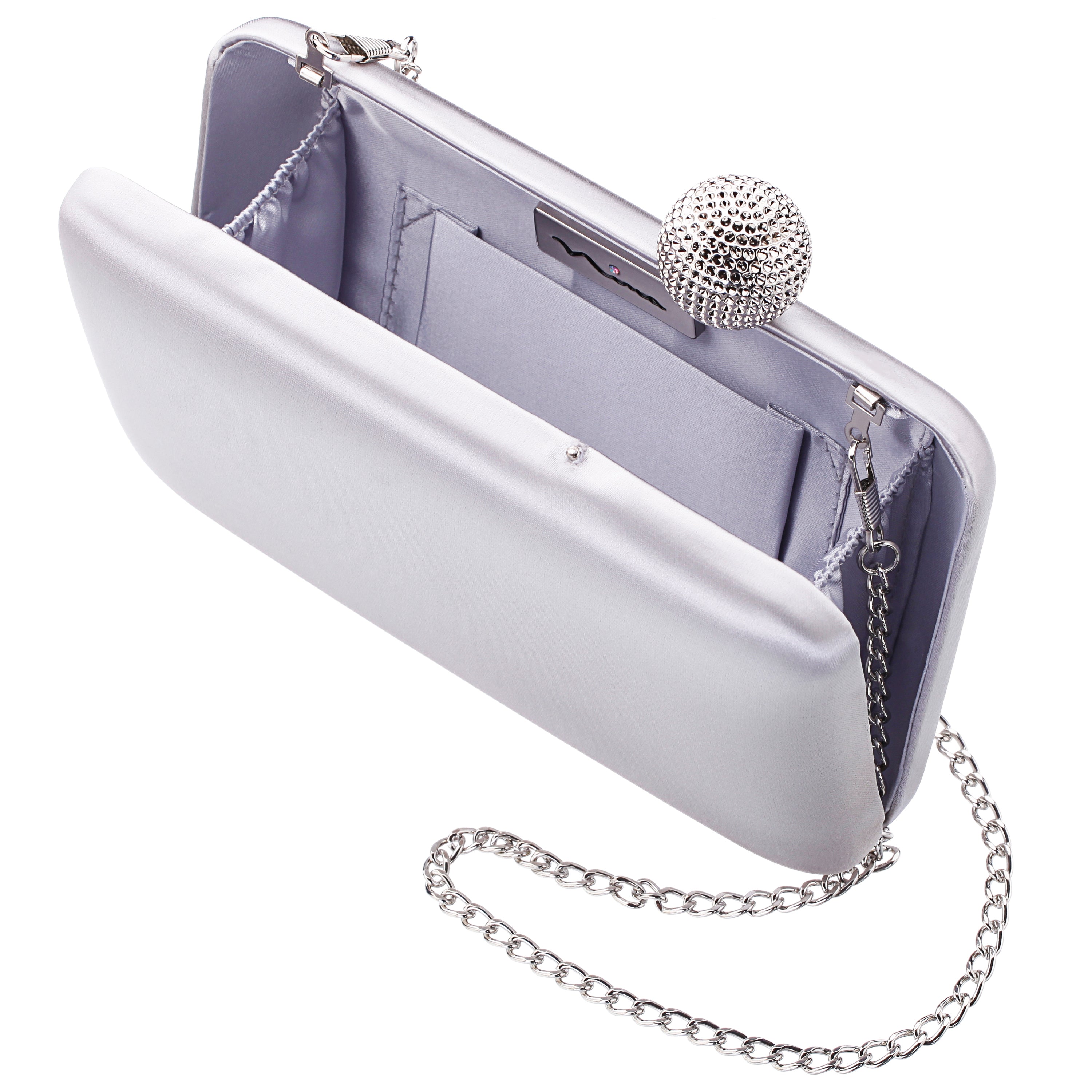 バッグ Nina Womens Kimberly Silver Satin Minaudiere With Crystal Clasp | Nina