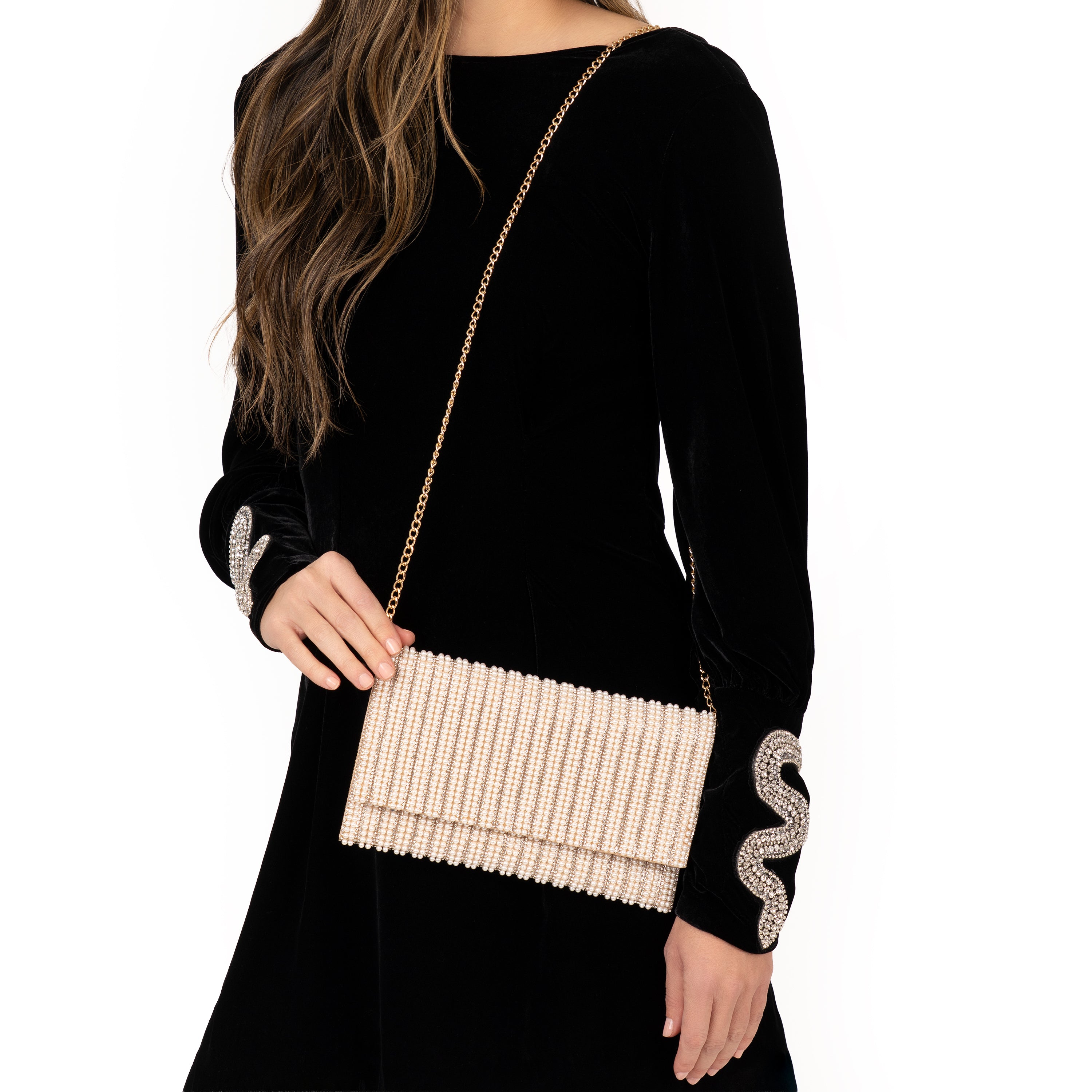 Womens Kimora White Allover Pearl/Crystal Envelope Clutch | Nina Shoes