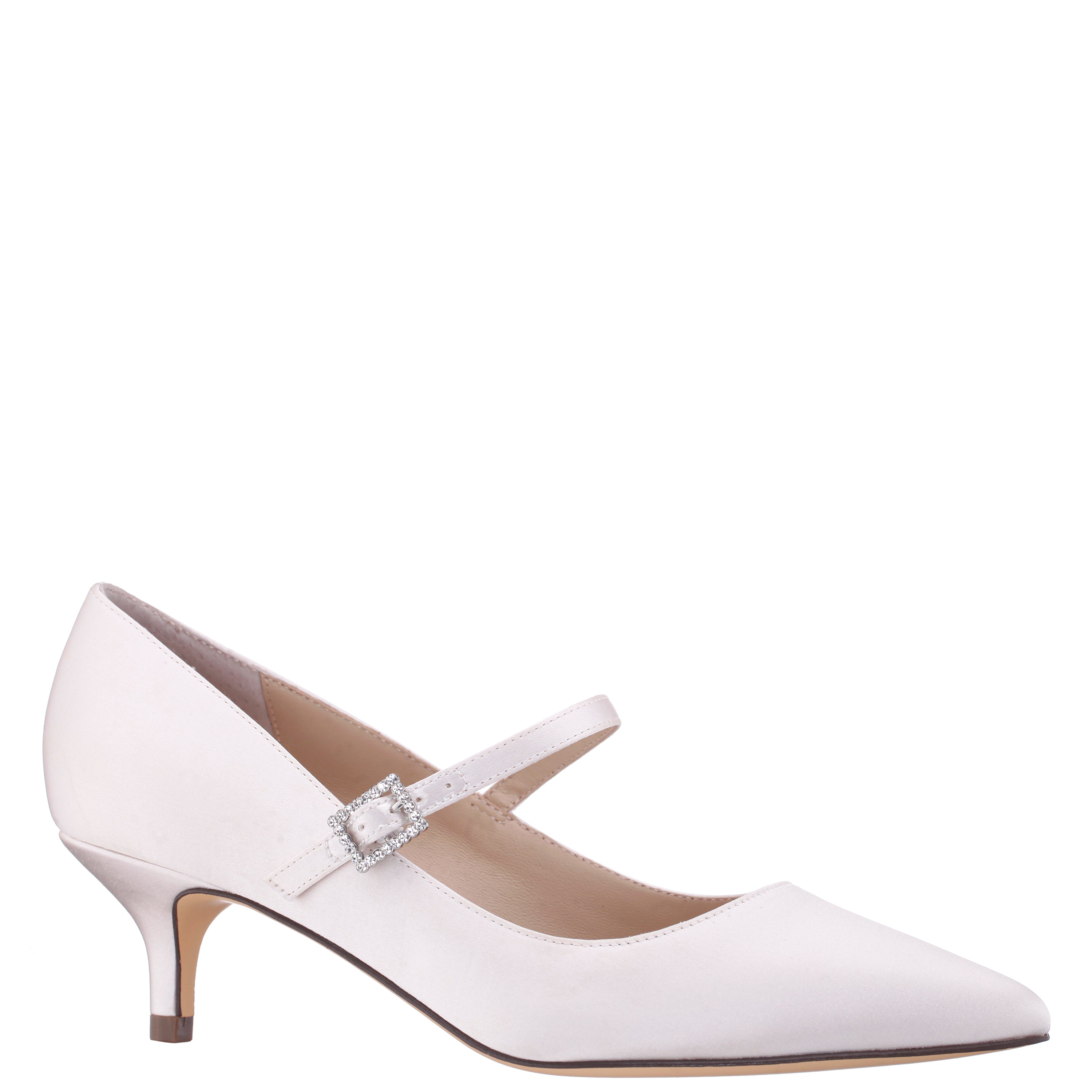 Womens Namali White Satin with Rhinestone Buckle Kitten-Heel Pumps