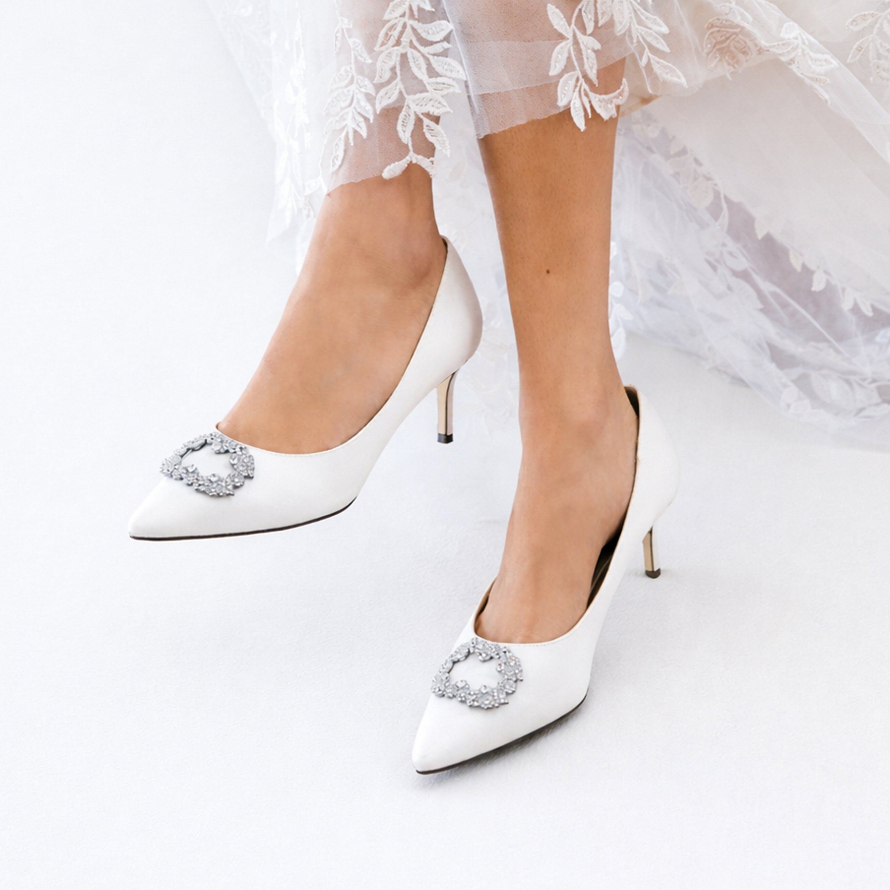 Womens Neya White Satin Mid-Heel Pumps with Jeweled Buckle | Nina