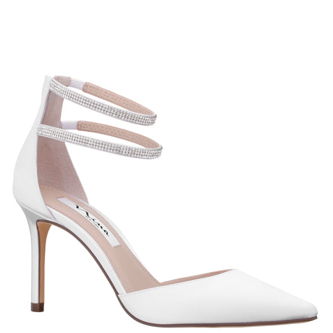 Womens Nikia White Satin Crystal Ankle-Strap Pointy-Toe High-Heel