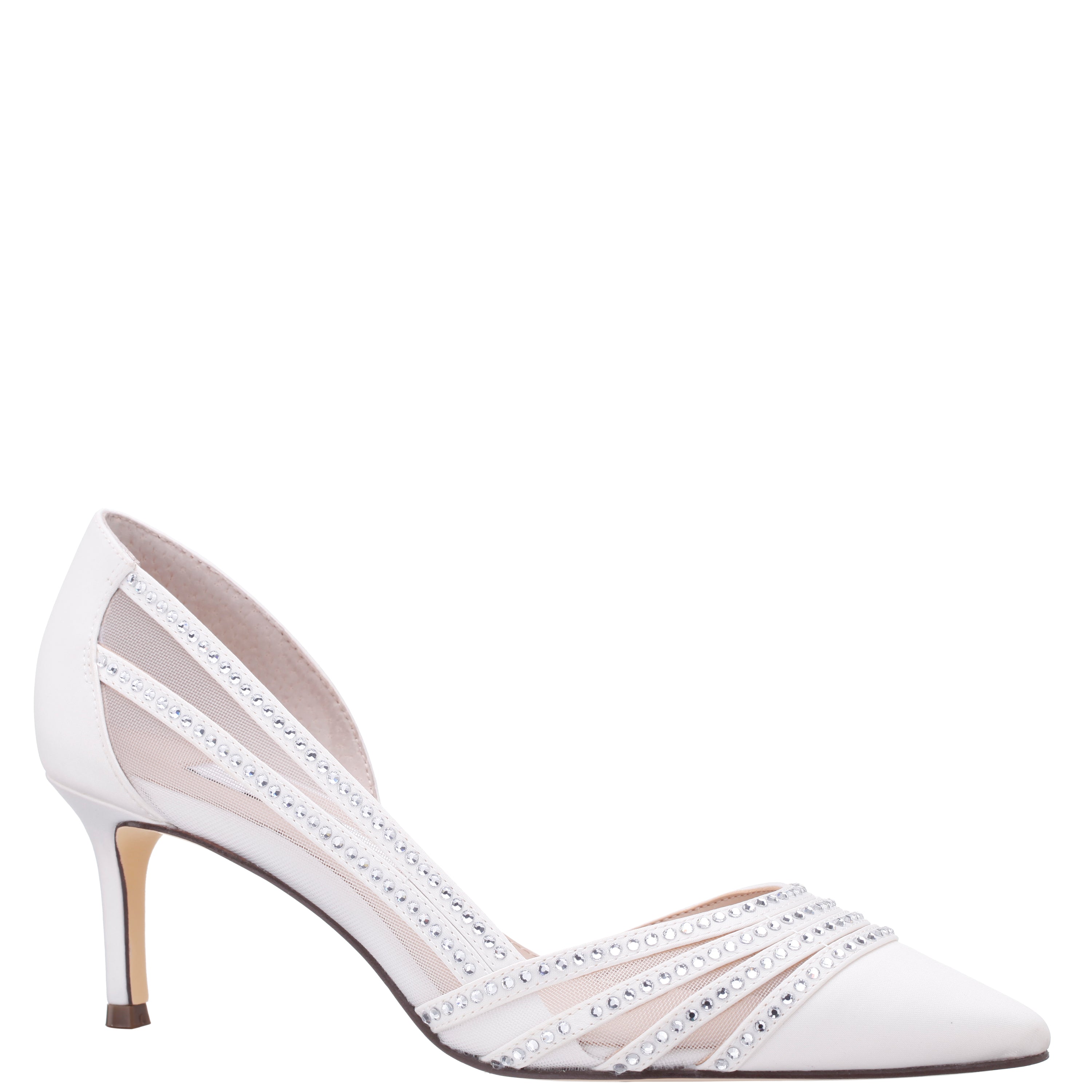 NOⅡ Womens Noreen White Satin with Crystals Mid-Heel D'Orsay Pumps