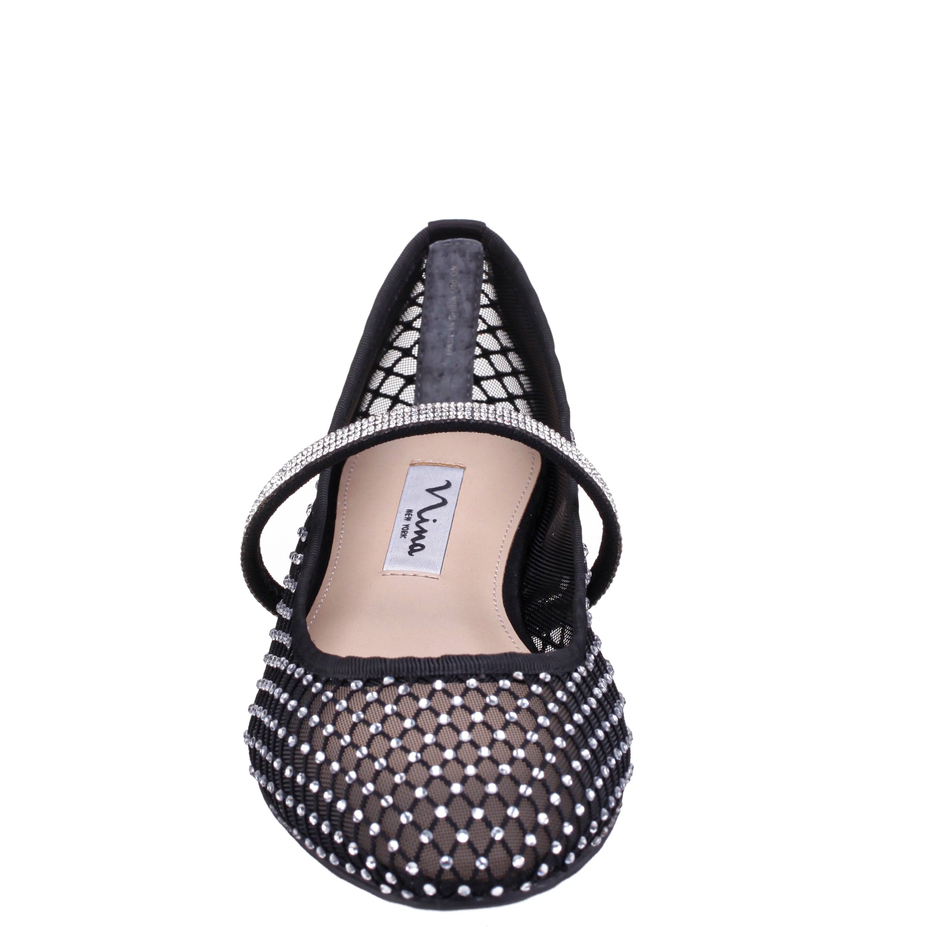 Womens Peggy Black Mesh with Clear Rhinestones Ballet Flats with