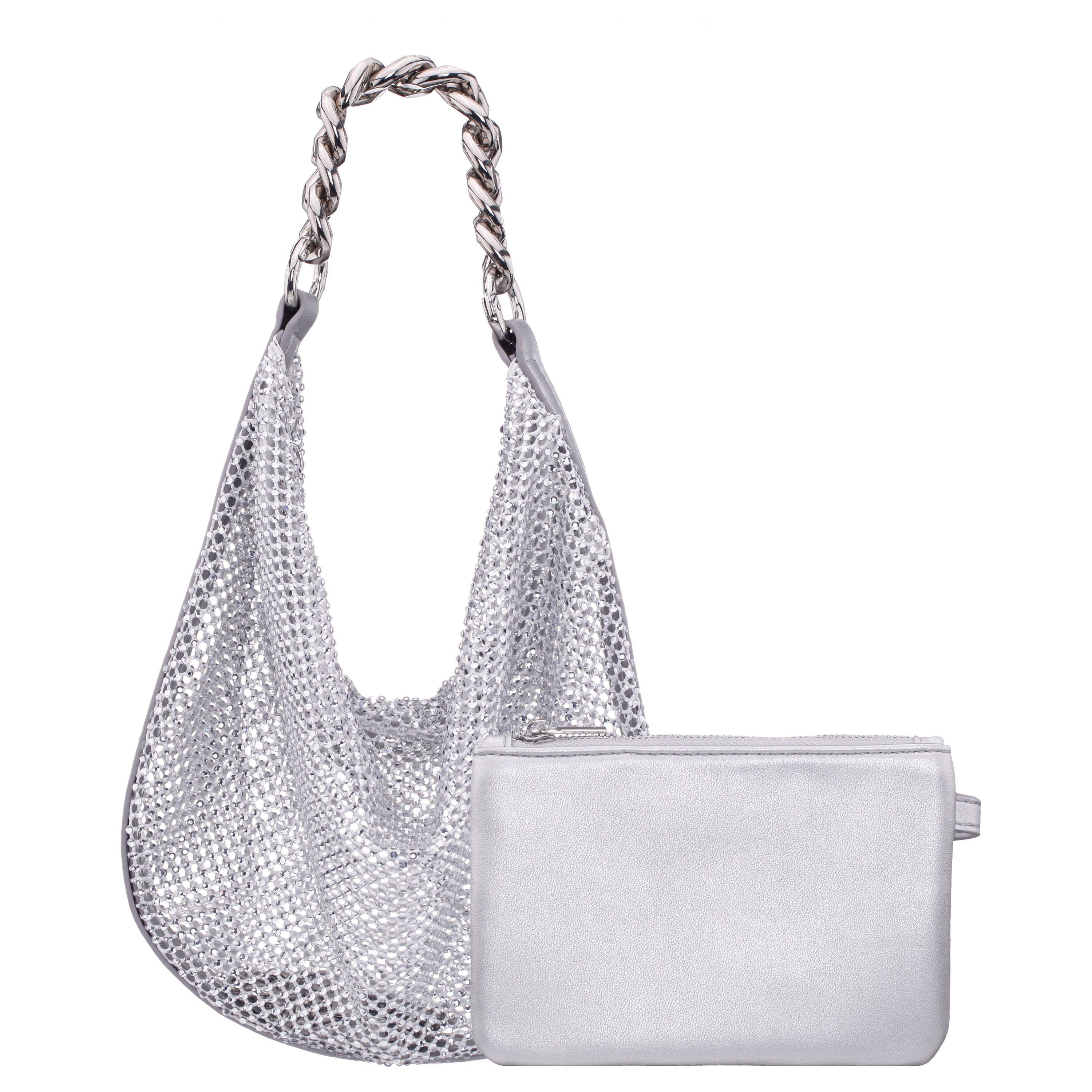 100 Stories シルバーポーチ Womens Racquel Silver Crystal Mesh Hobo Bag | Nina Shoes