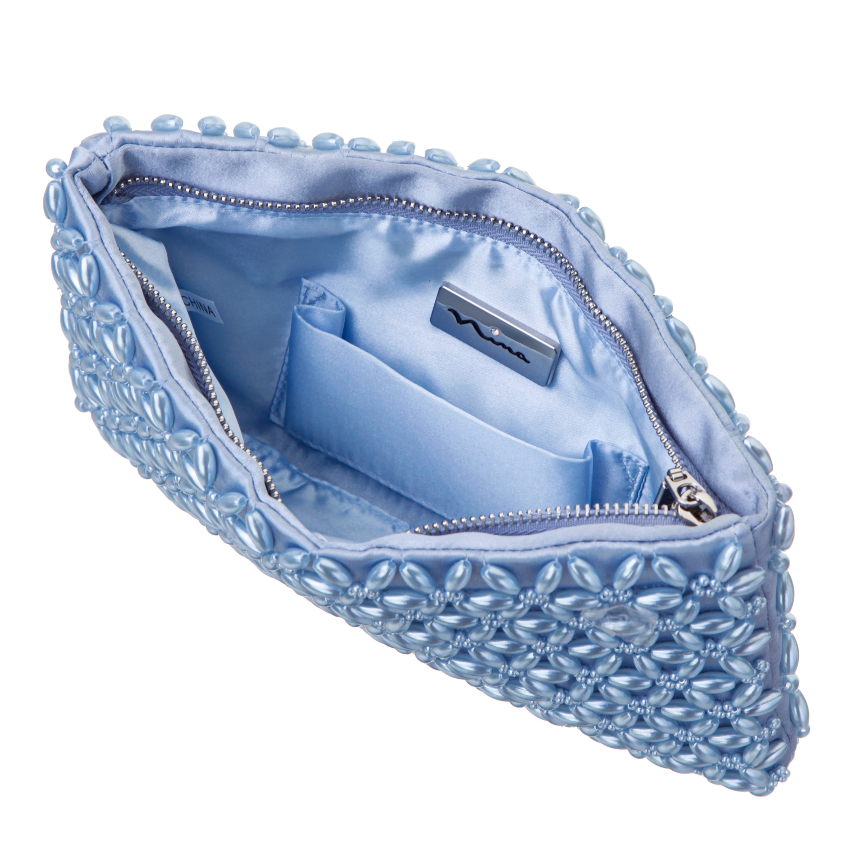 Womens Rivera Blue Plastic Pearl/Satin Zip Clutch | Nina Shoes