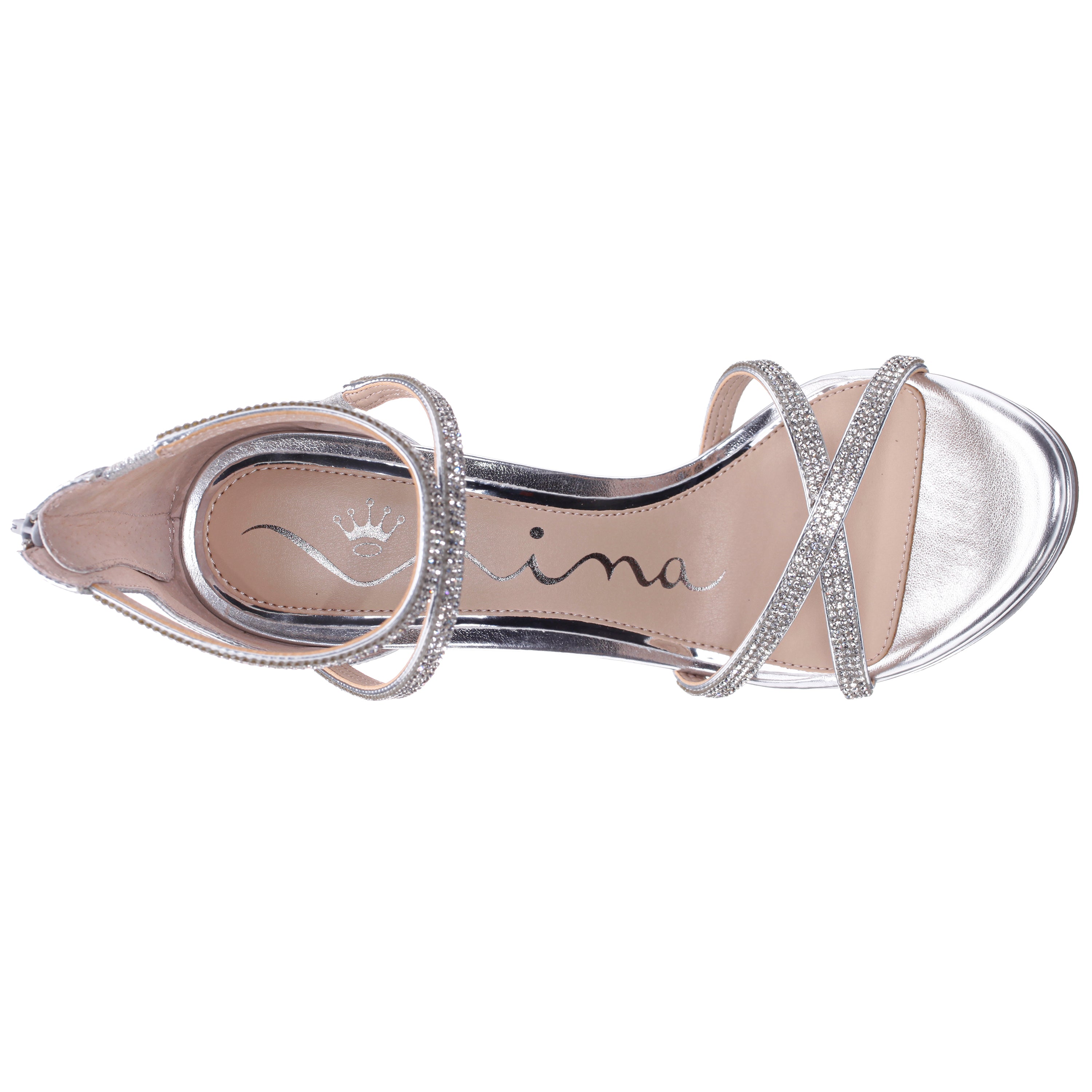 Womens Ryann Silver Metallic Foil with Clear Crystals High-Heel