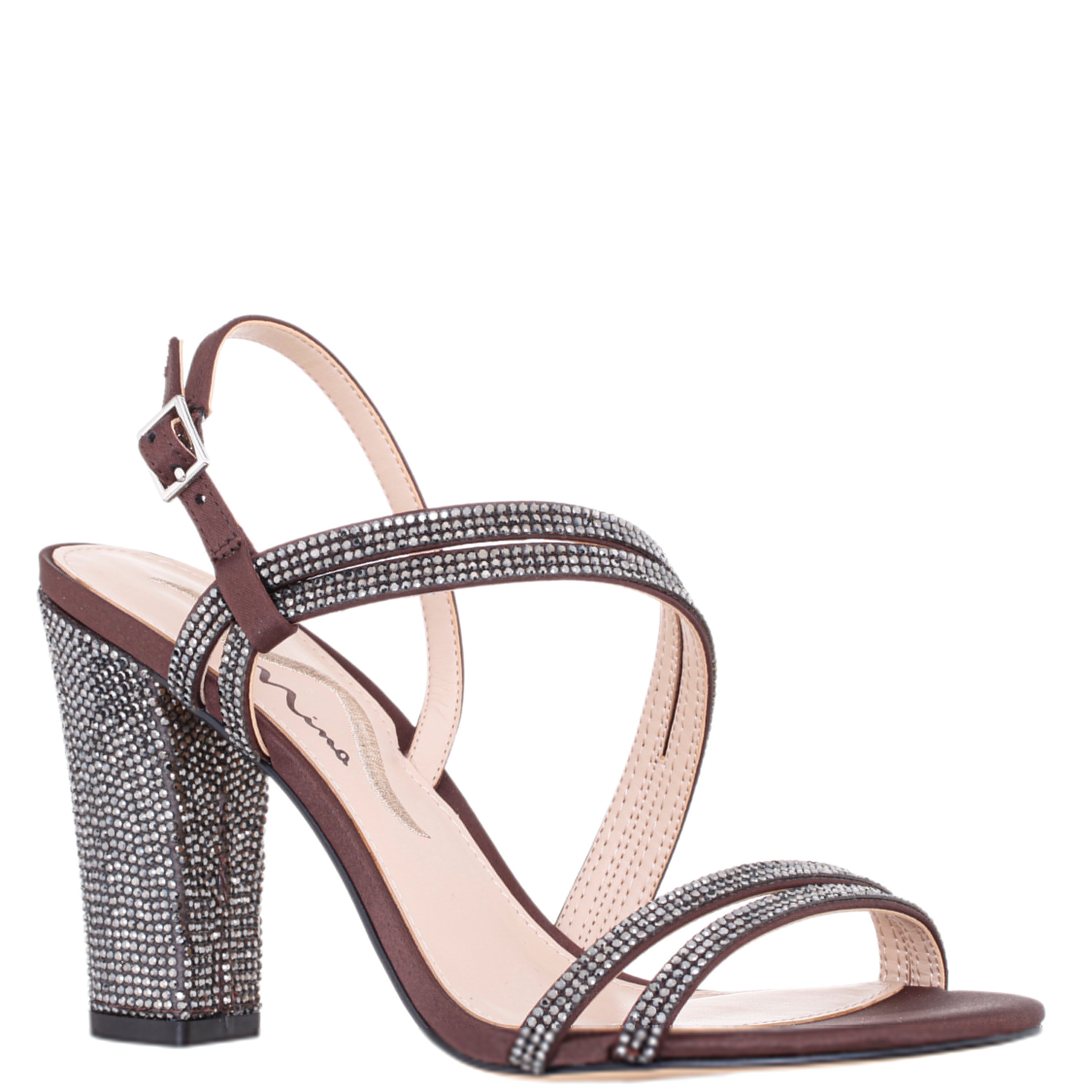 Womens Sabetha Brown Crystal Block-Heel Dressy Sandal | Nina Shoes