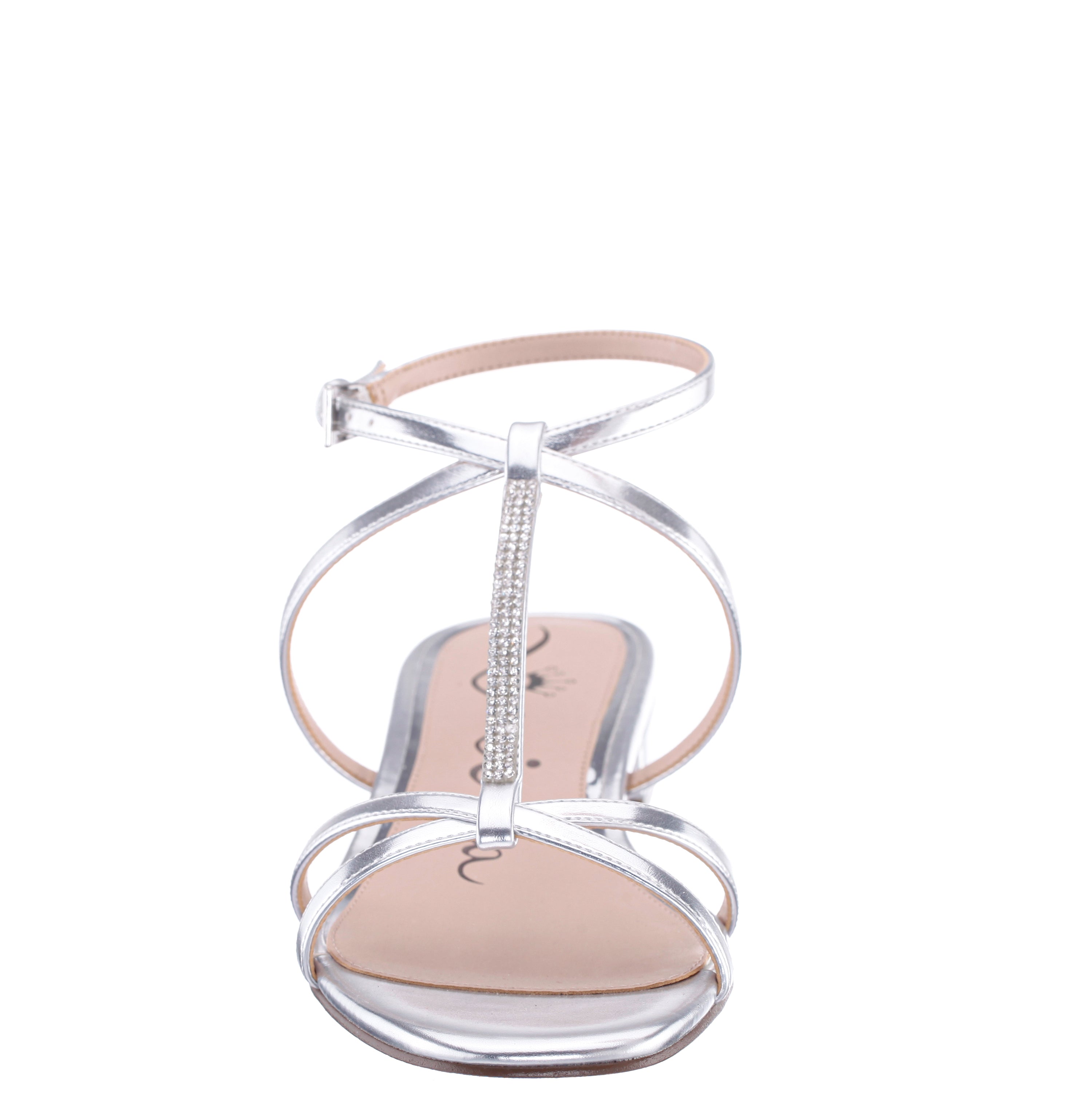 Womens Sasha Silver Metallic Foil with Rhinestone T-Strap Flat