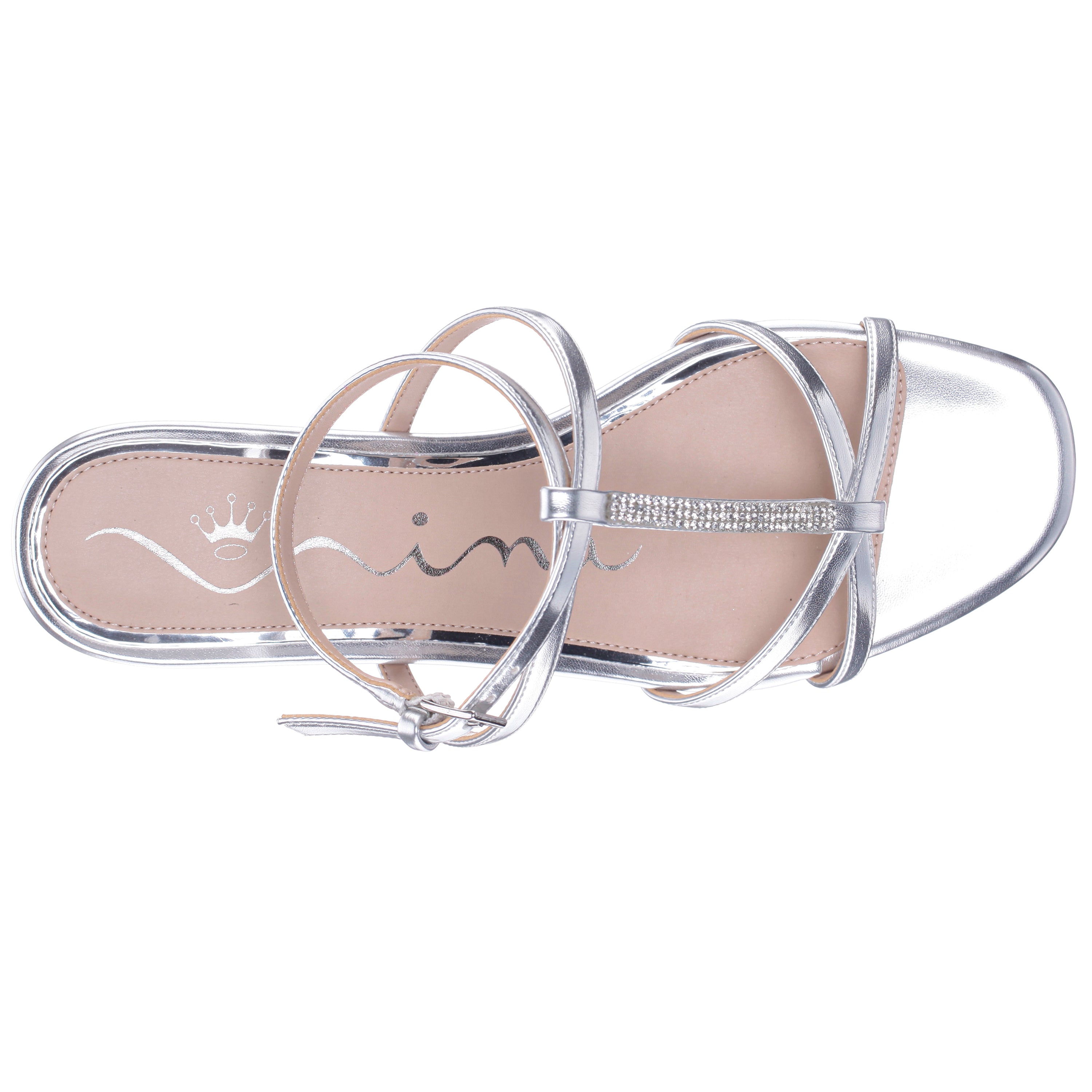 Womens Sasha Silver Metallic Foil with Rhinestone T-Strap Flat