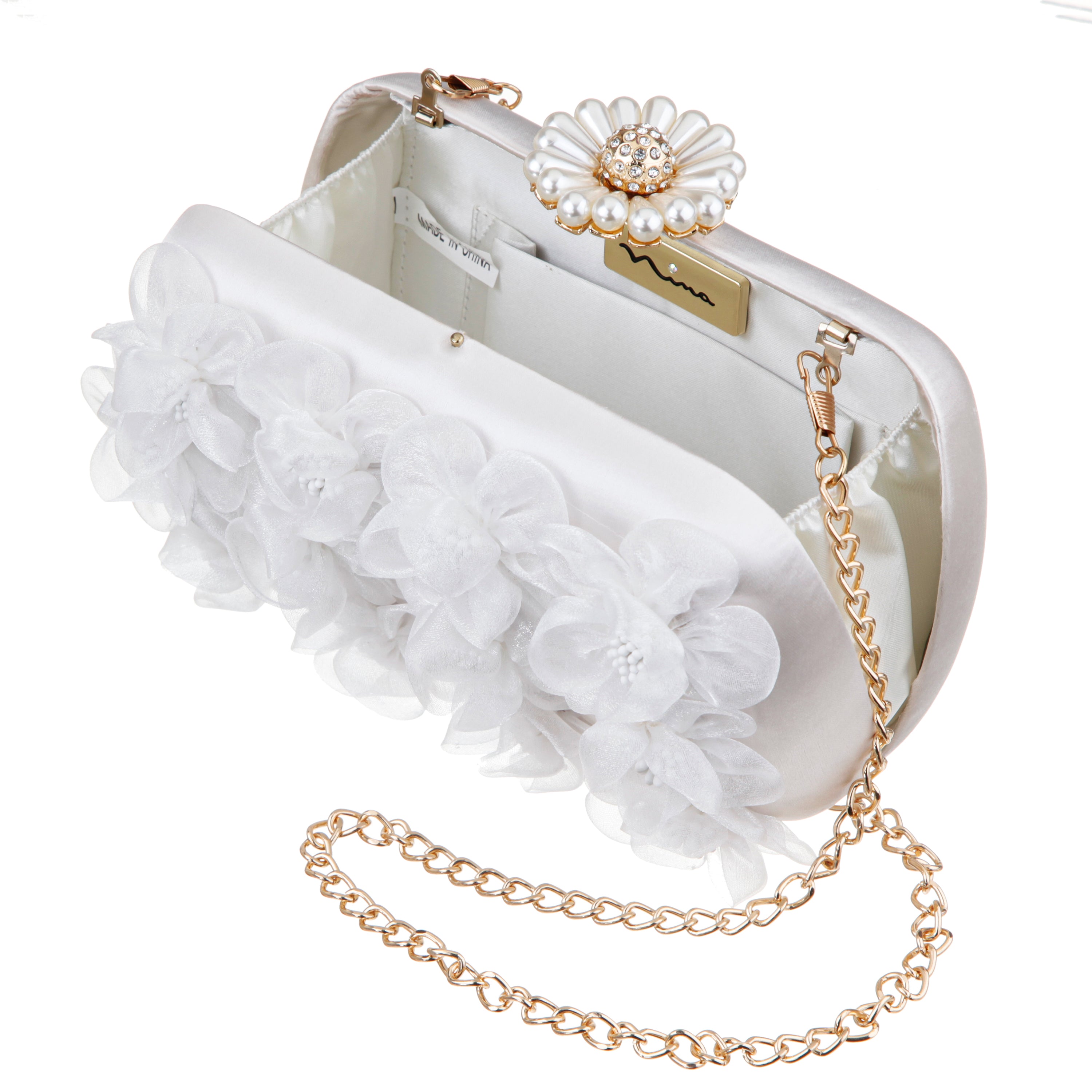 〈nina〉COMTHERAN Beauty〈O〉II コンセラン Womens Serenity White Chiffan Flower / Satin Minaudiere | Nina Shoes