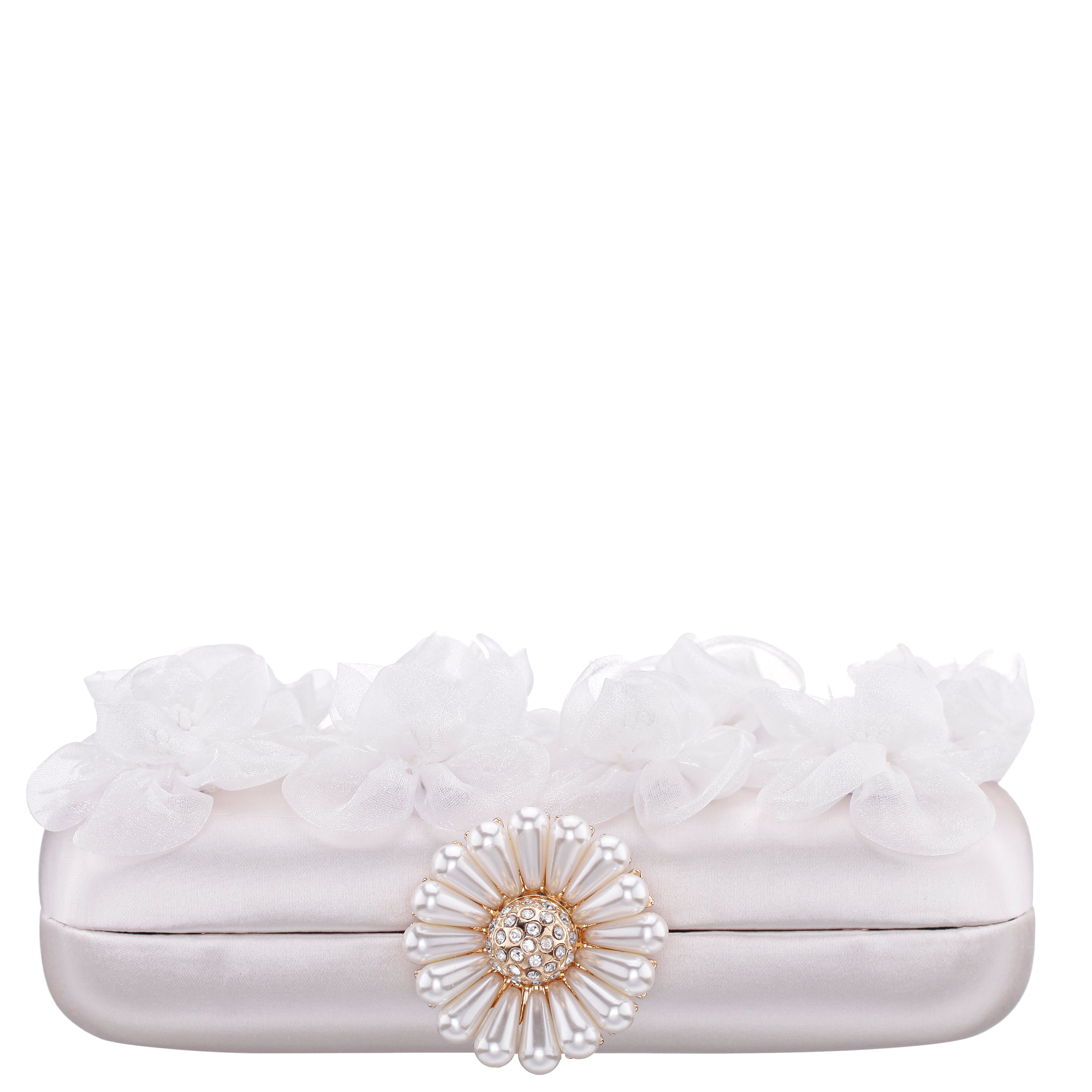 Womens Serenity White Chiffan Flower / Satin Minaudiere | Nina Shoes