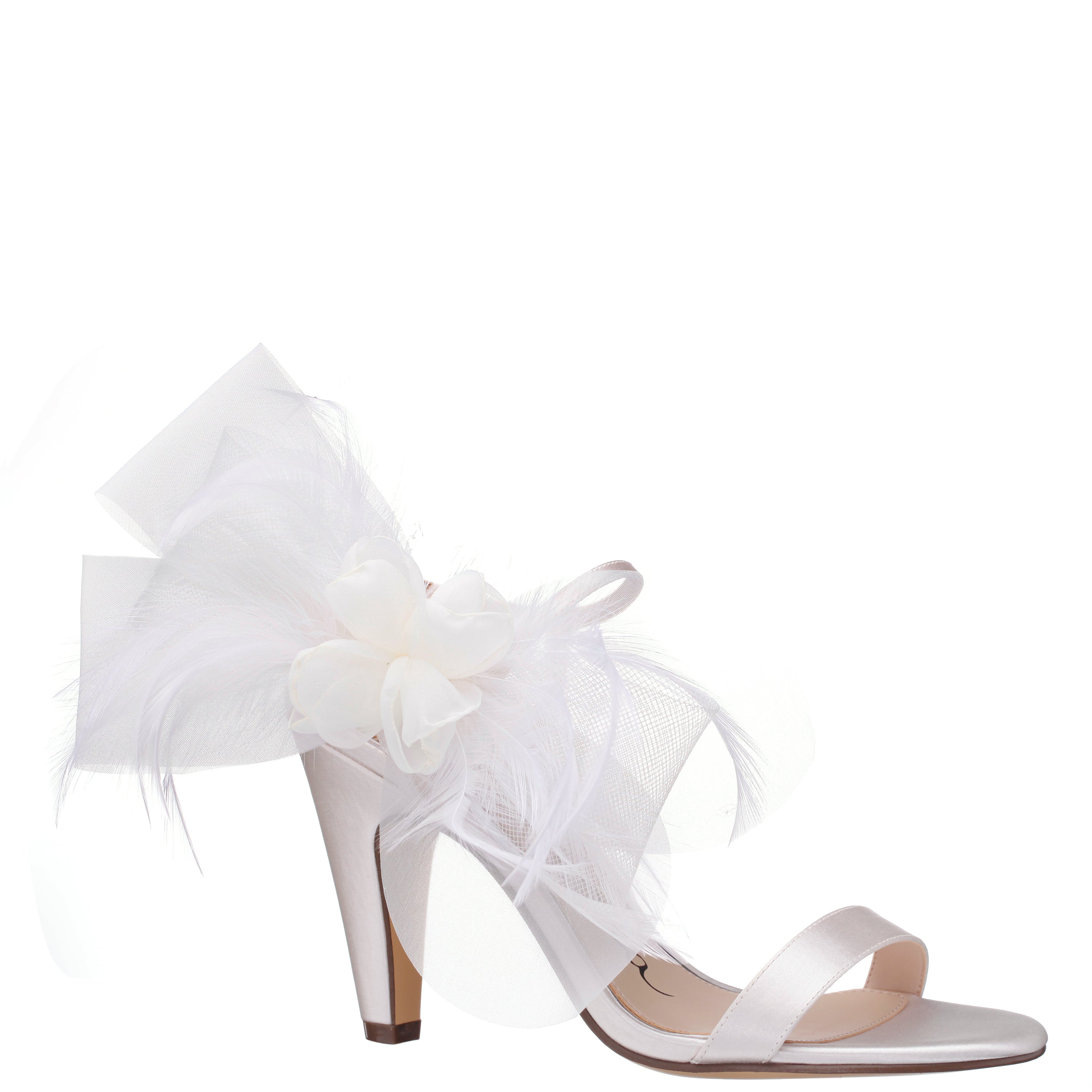 ys Womens Sheryl White Satin, Chiffon and Feathers Block-Heel