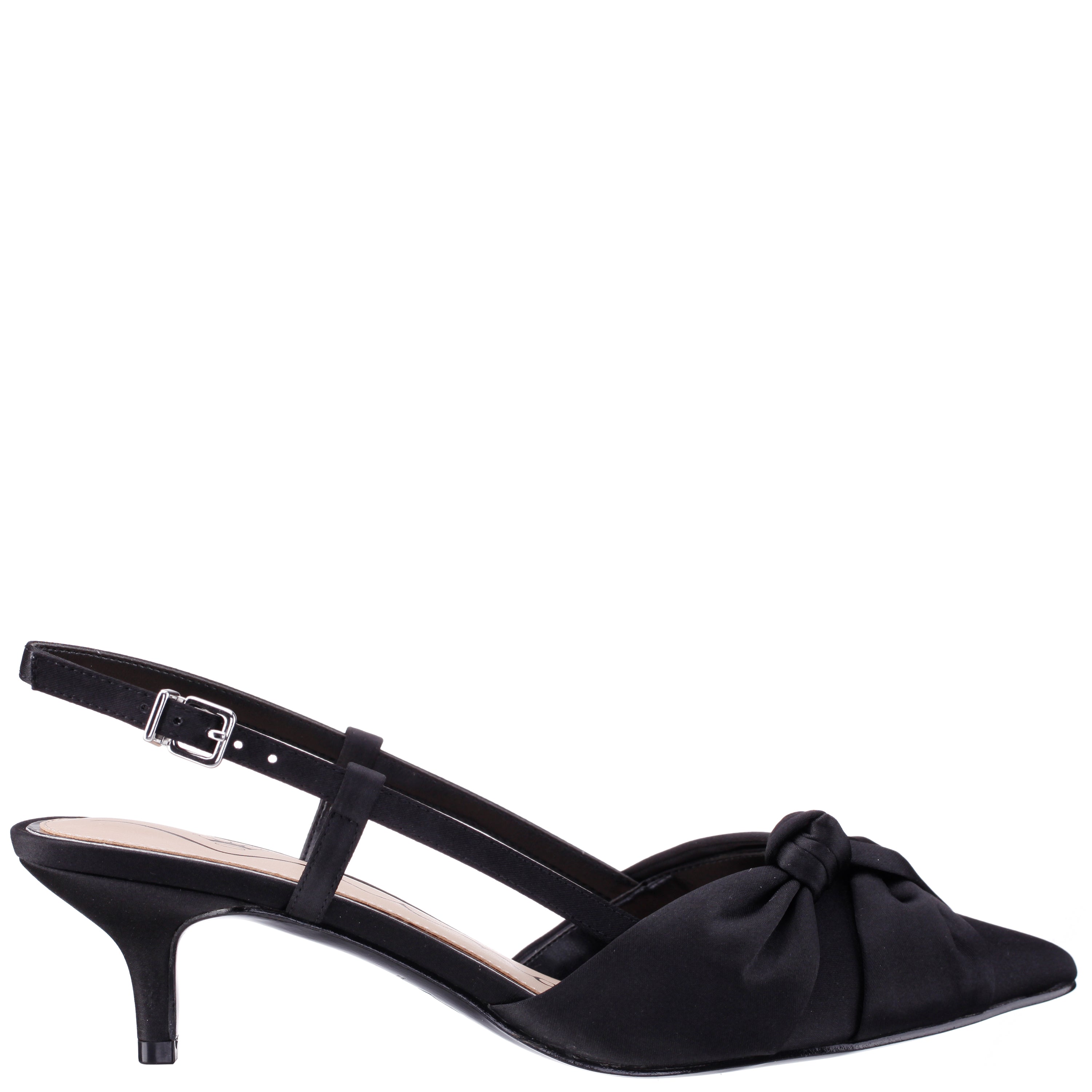 Womens Stella Black Satin Slingback Pumps on a Kitten-Heel with