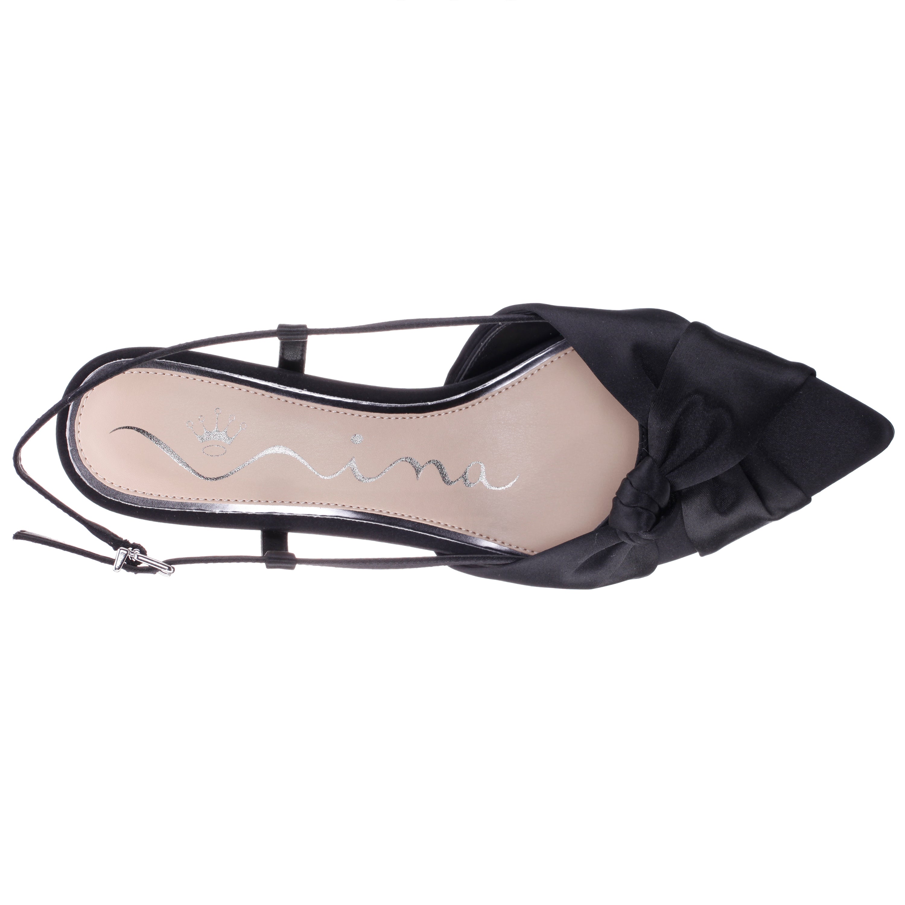 Womens Stella Black Satin Slingback Pumps on a Kitten-Heel with