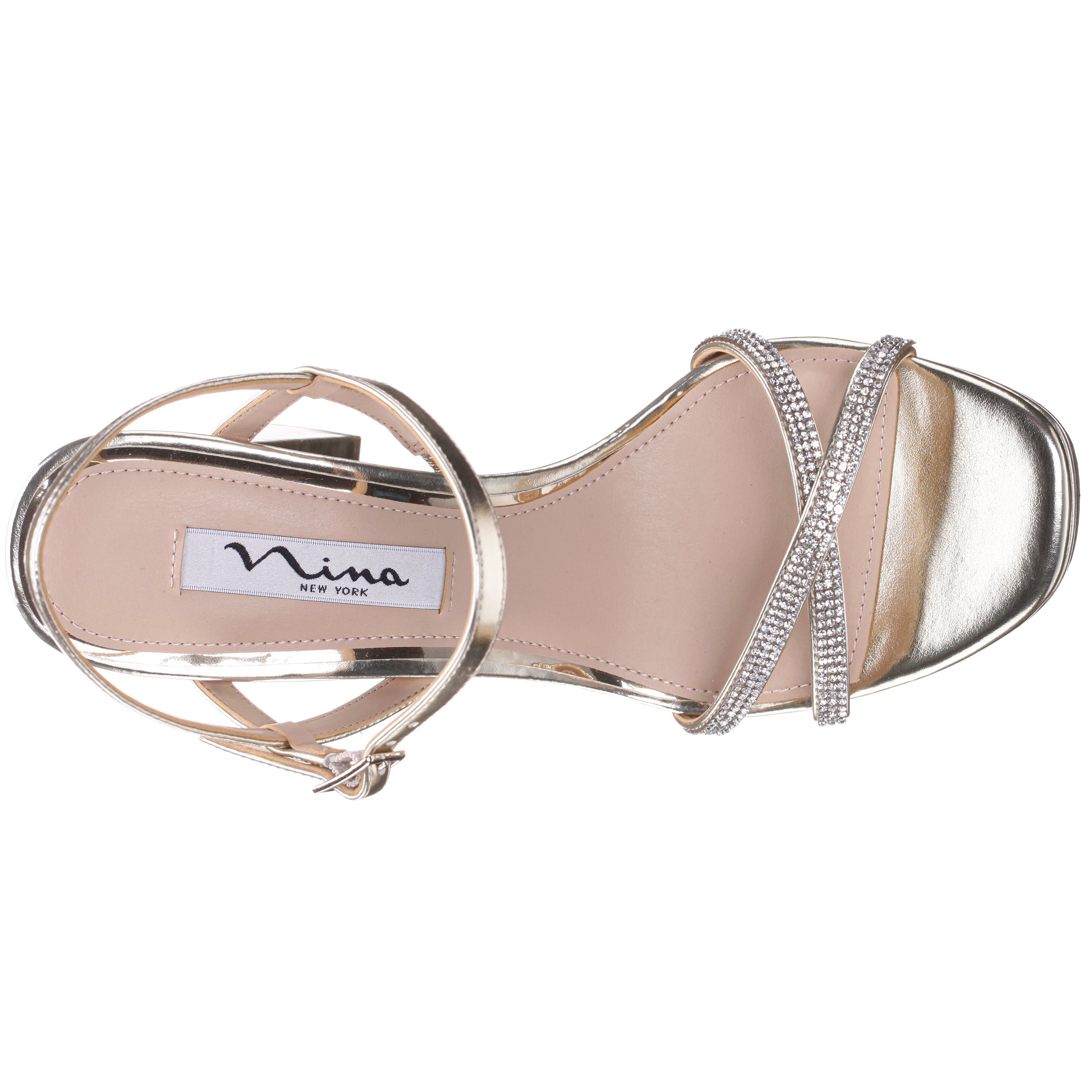 Womens Steven Platino Metallic Foil with Crystal X-Band Block-Heel