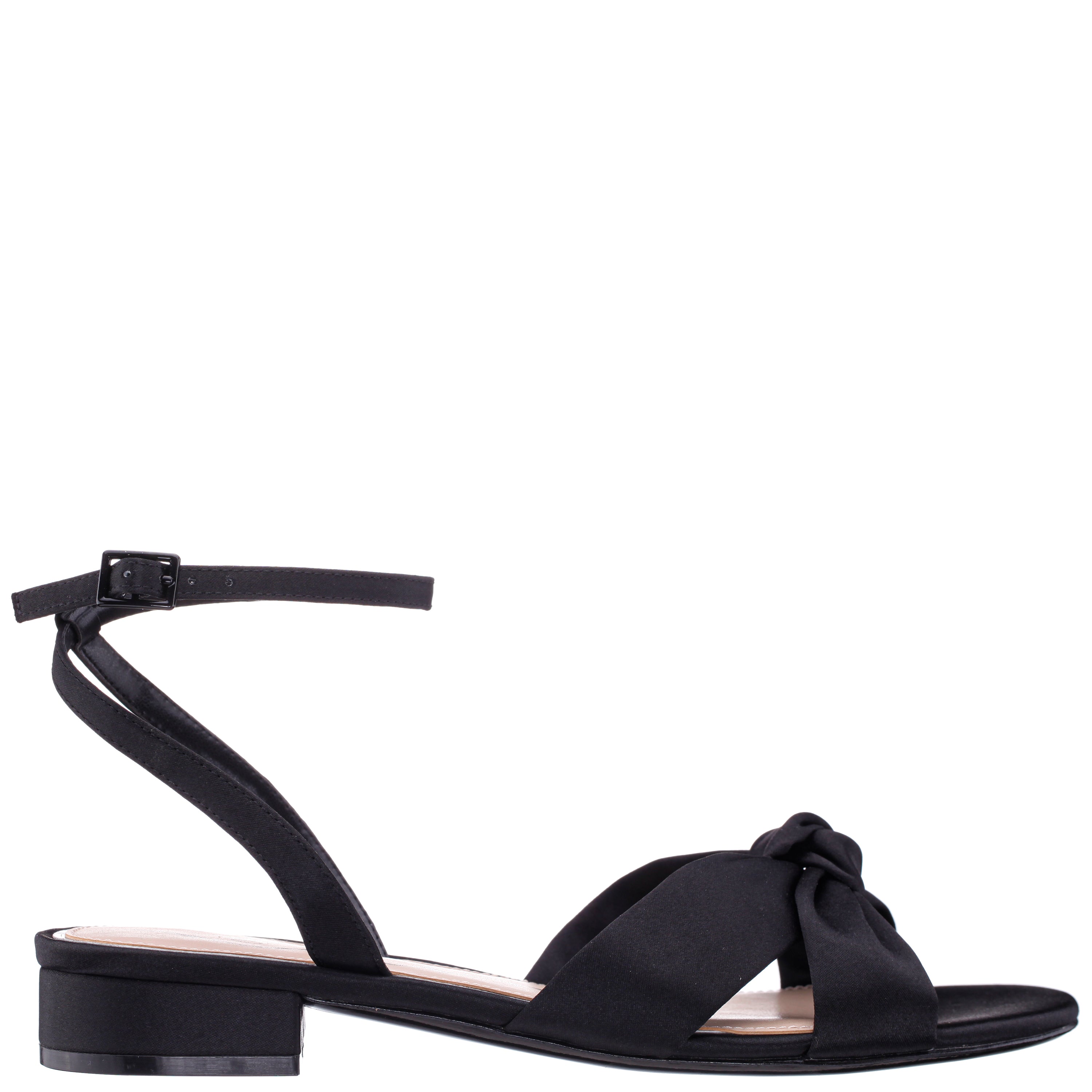 Womens Sulma Black Satin Block-Heel Flat Sandals with Ankle-Strap